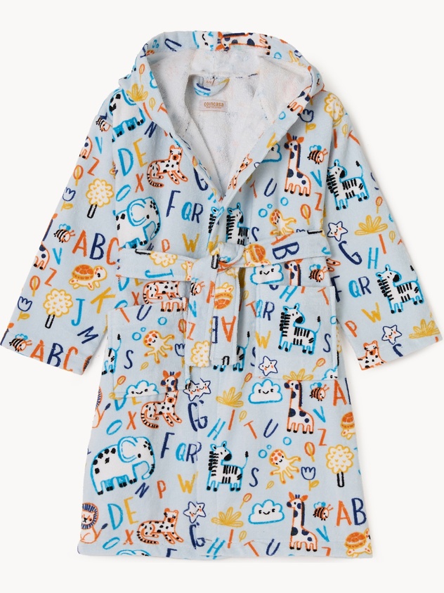 Cotton velour and terrycloth bathrobe with alphabet and animal print