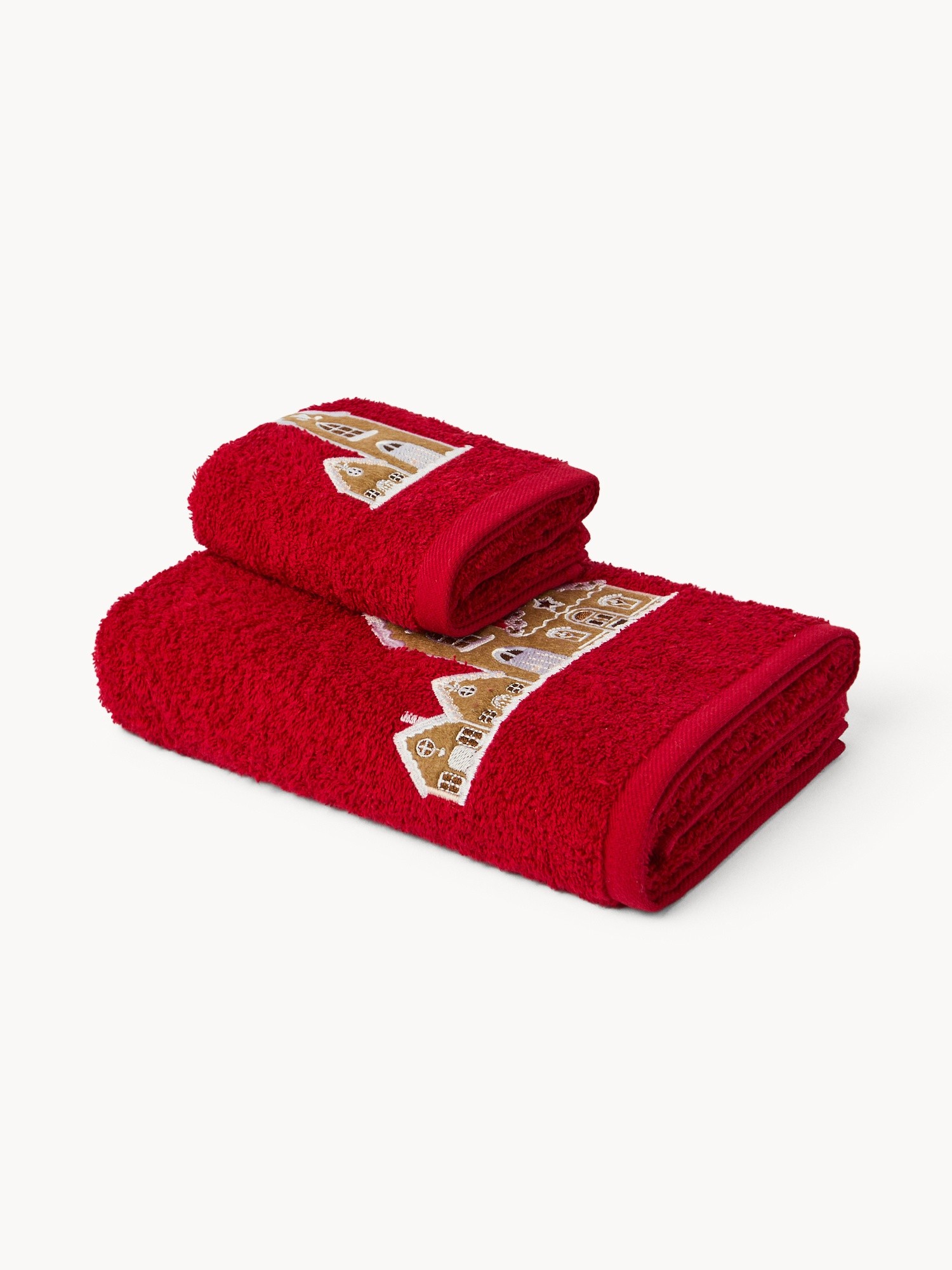 Set 2 asciugamani in spugna di cotone con casette ricamate, Rosso, large image number 0