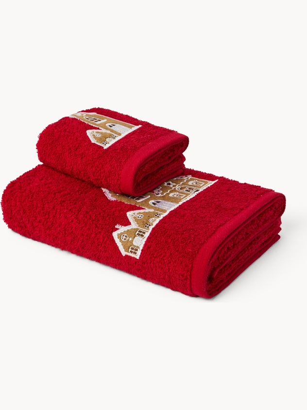 Set 2 asciugamani in spugna di cotone con casette ricamate