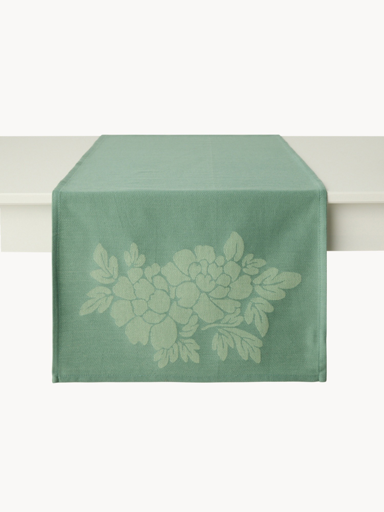 Cotton table runner with floral jacquard weave - Discounted Price, Green, large image number 1