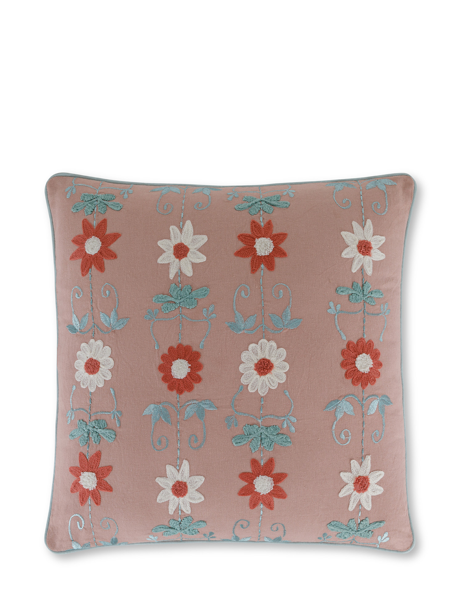 Embroidered fabric cushion with ethnic flowers motif 45x45 cm, Antique Pink, large image number 0