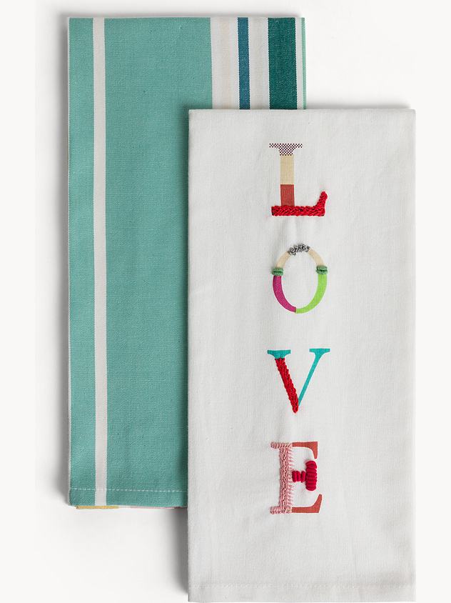 Set of 2 pure cotton tea towels with Love print