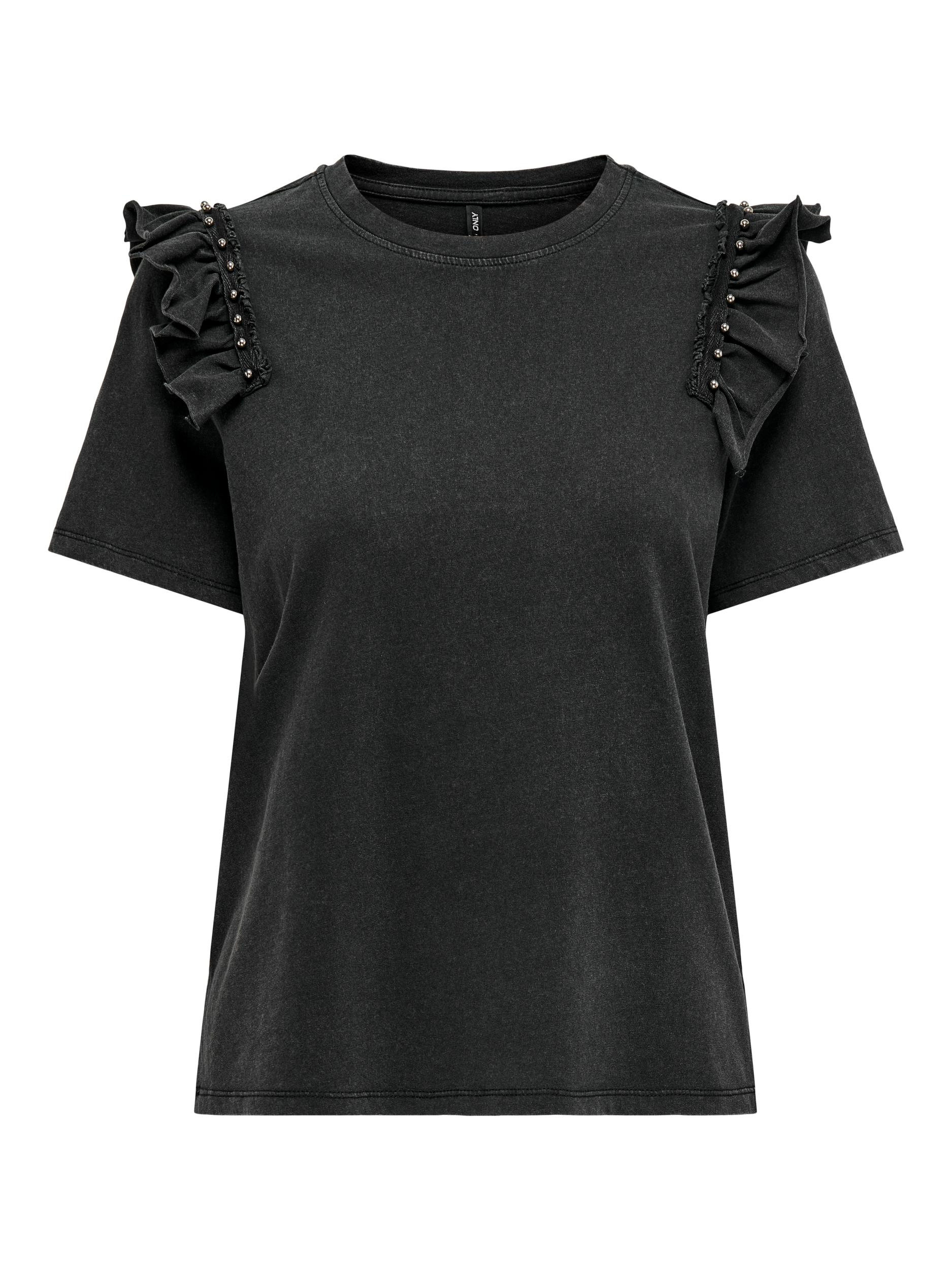 Only - Regular fit cotton T-shirt with ruffles, Black, large image number 0