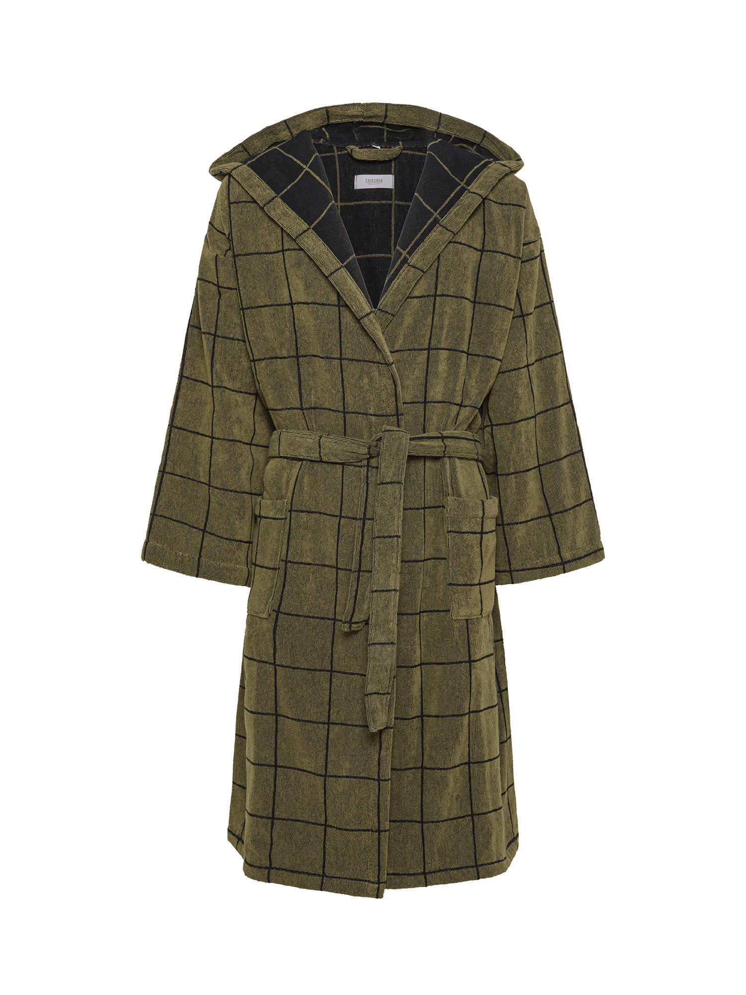Bathrobe with hood in checked jacquard pure cotton terry, Green, large image number 0