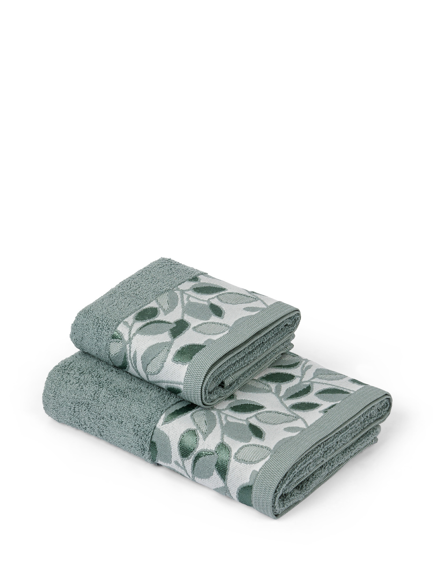 Pure cotton terry towel with leaves motif, Green, large image number 0