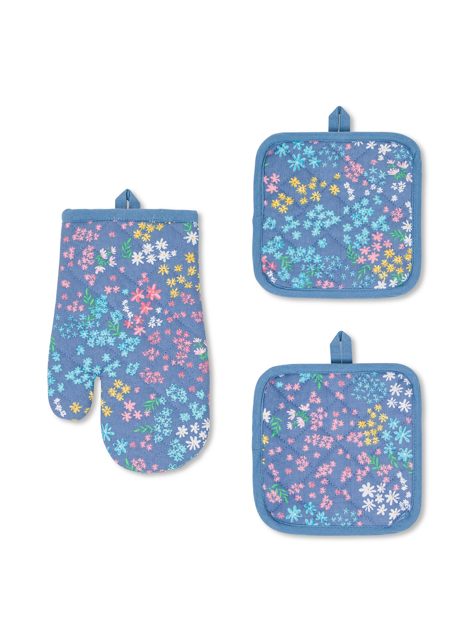 Set of 2 pot holders and pure cotton kitchen glove with flower print, Blue, large image number 0