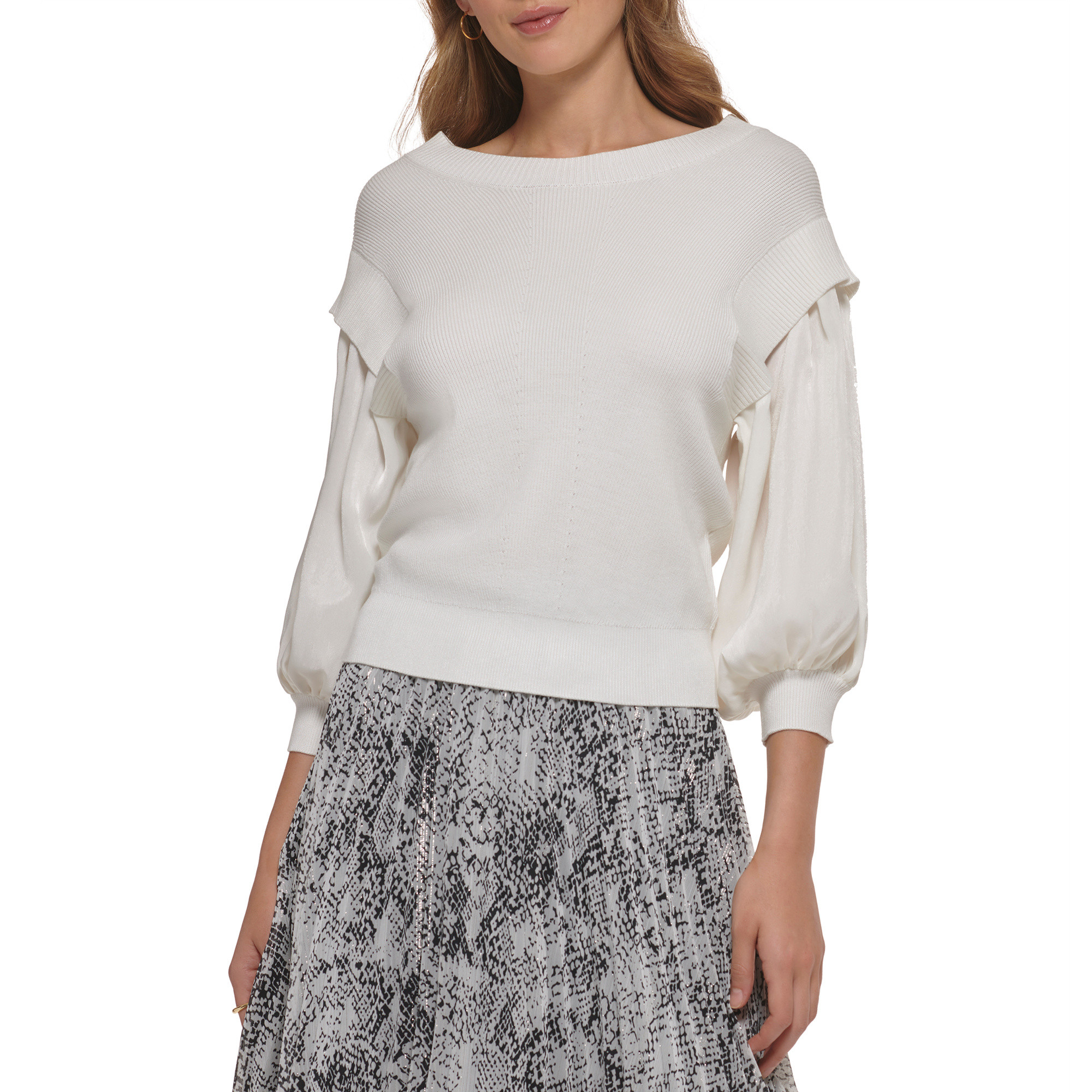 DKNY - Ribbed top with contrasting chiffon sleeve, White Ivory, large image number 2