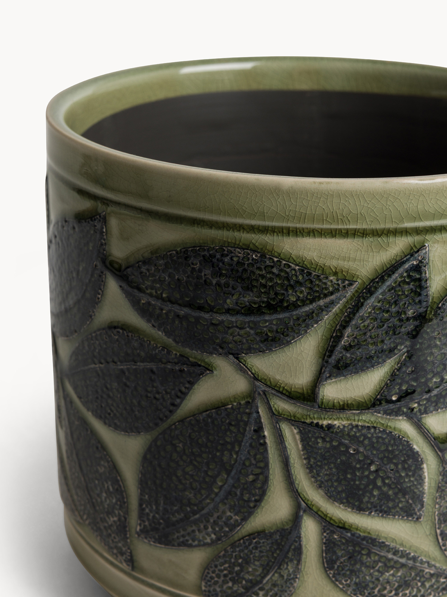Cachepot in ceramica don decorazione foglie, Verde chiaro, large image number 1