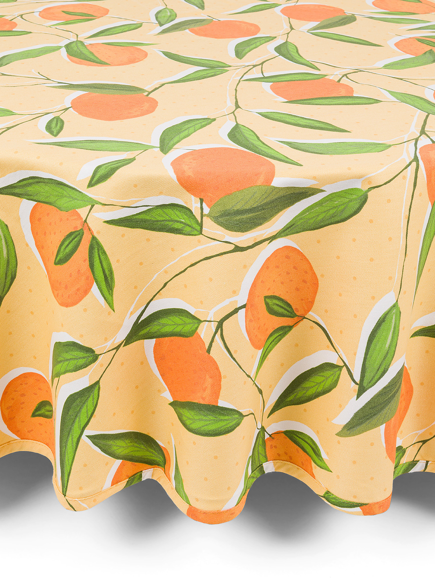 Round panama cotton tablecloth with orange print, Yellow, large image number 0