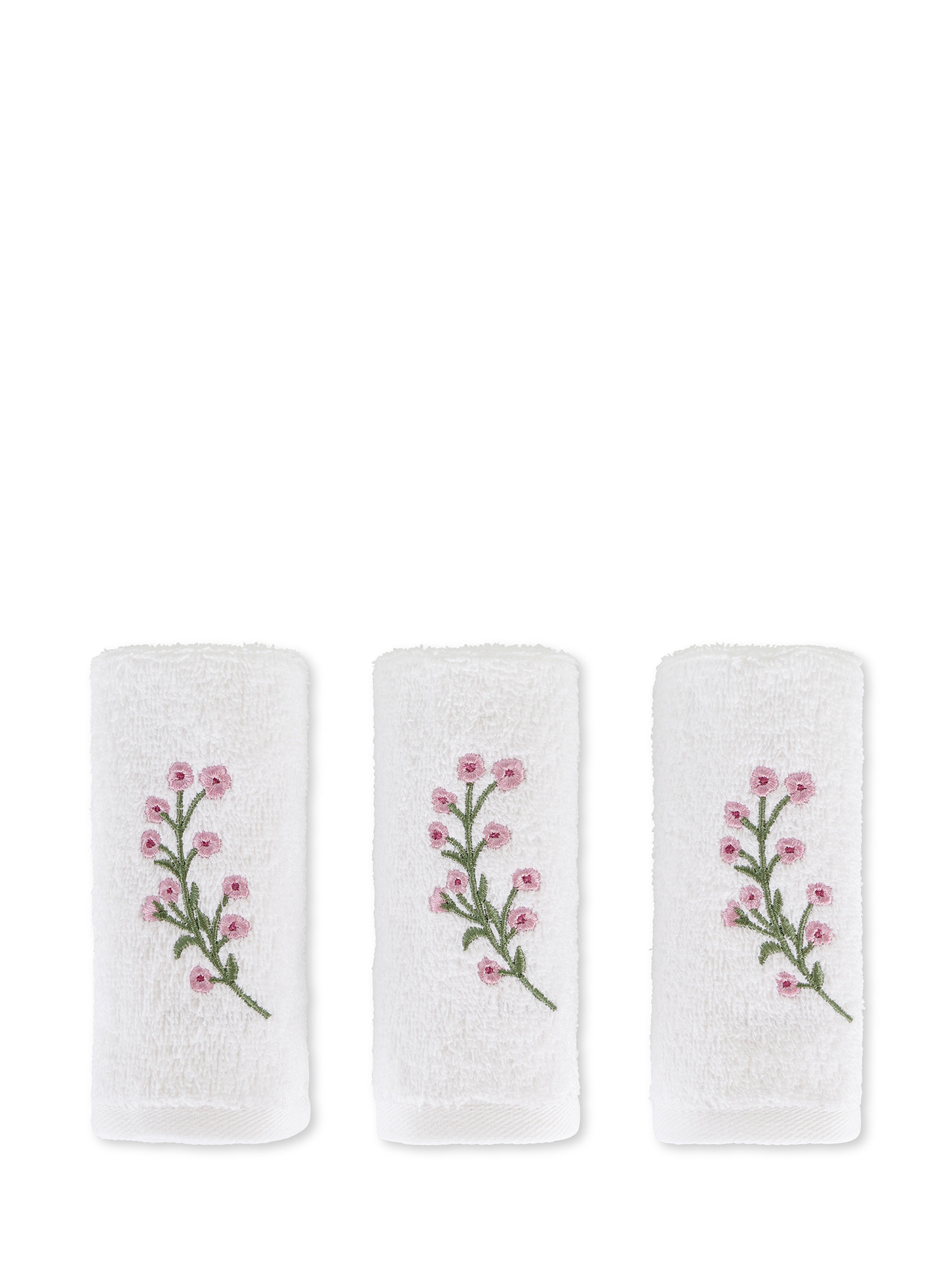 Set di 3 lavette in spugna di puro cotone tinta unita con ricamo floreale, Bianco, large