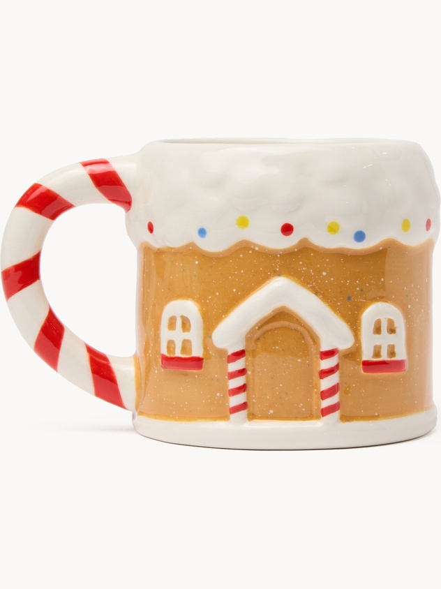 Ceramic mug shaped like a gingerbread house