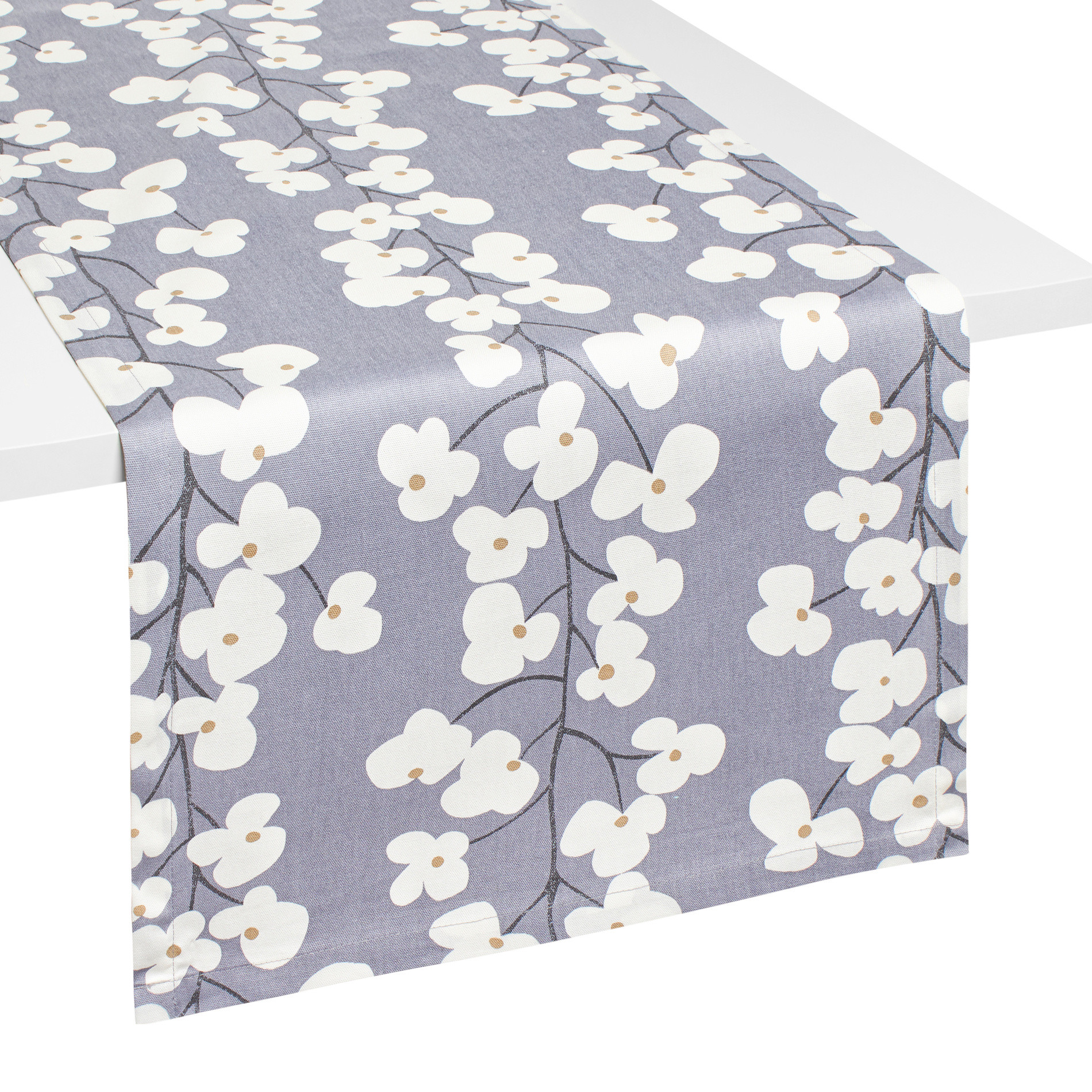 Floral table runner in 100% cotton, White / Blue, large image number 0