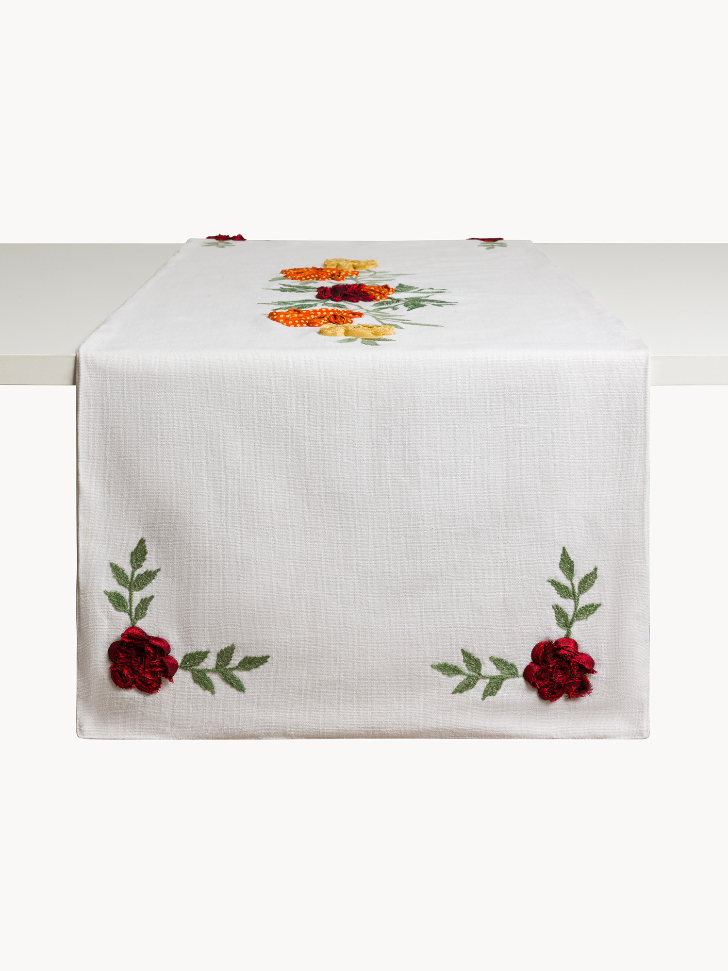 Pure cotton table runner with floral embroidery, White, large image number 1