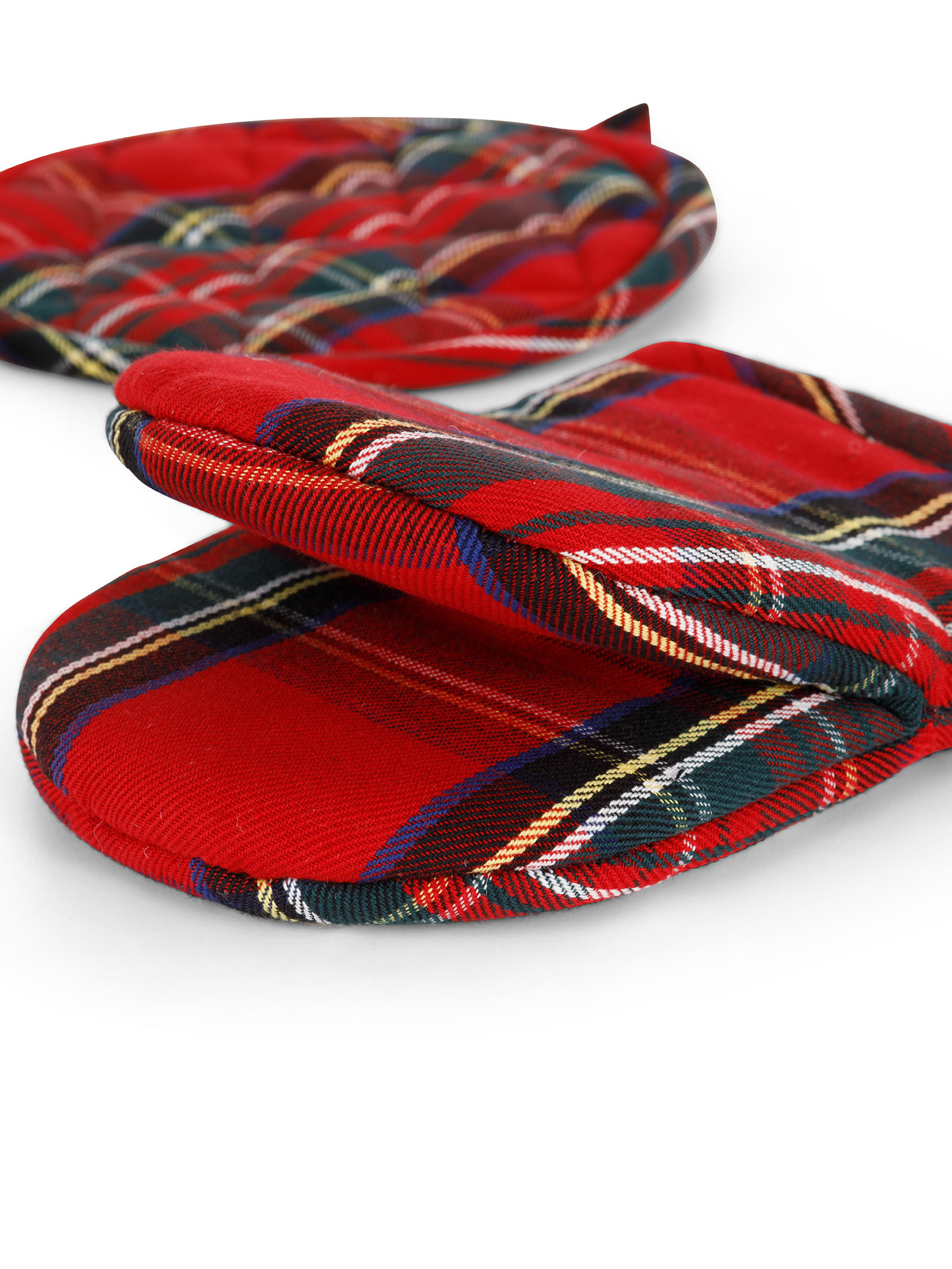Set of 2 pot holders and kitchen mitt in tartan cotton twill, Red, large image number 1