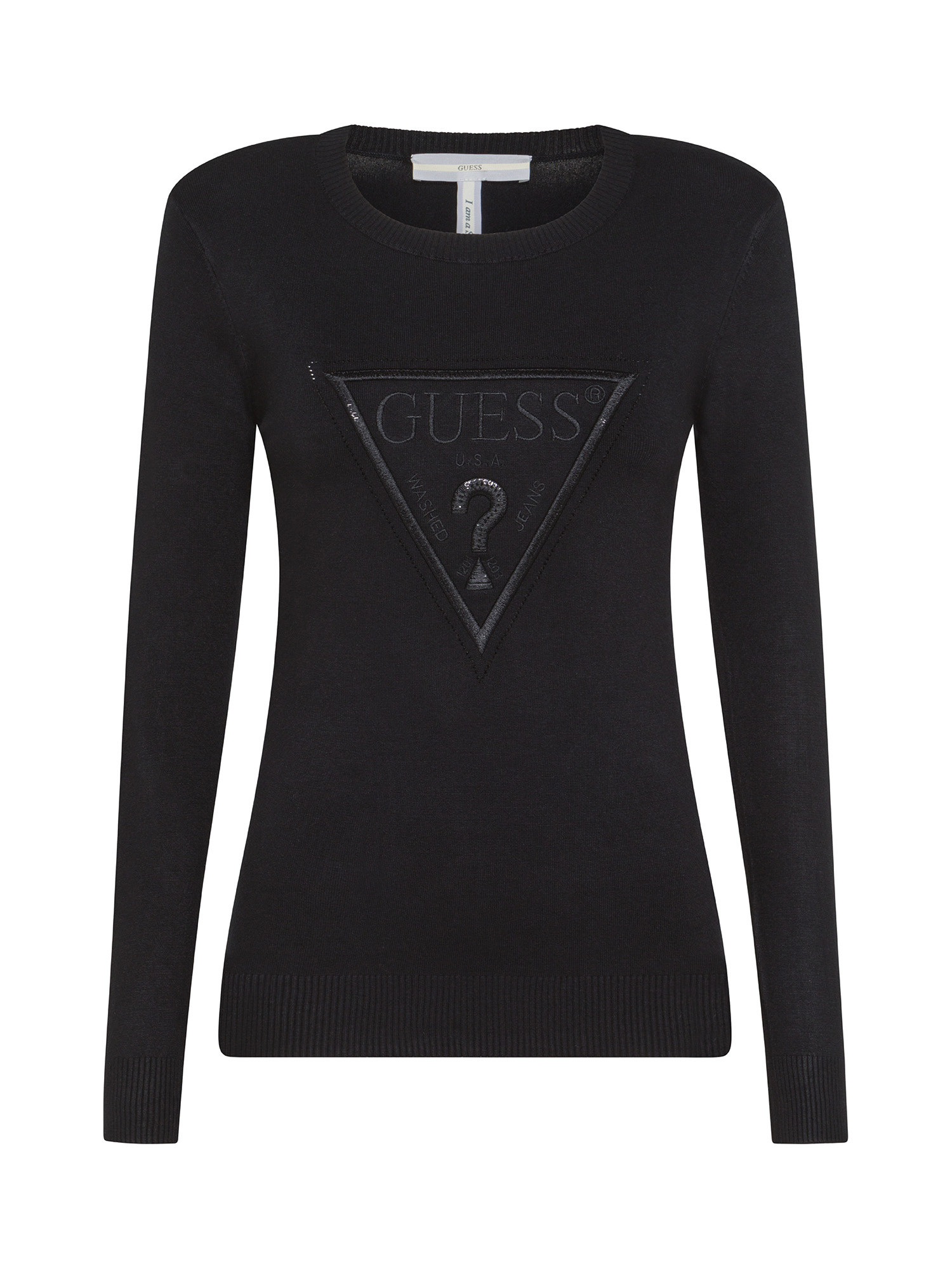 Guess - Slim fit logo sweater with rhinestones, Black, large image number 0