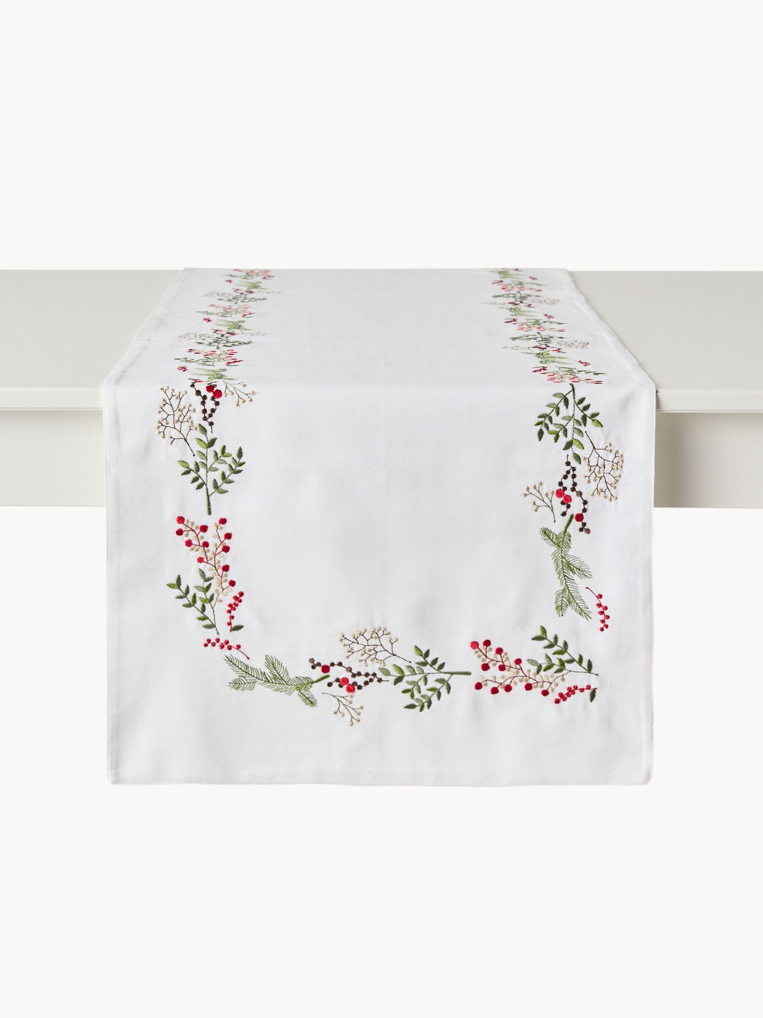 Pure cotton twill table runner with holly embroidery, White, large image number 1