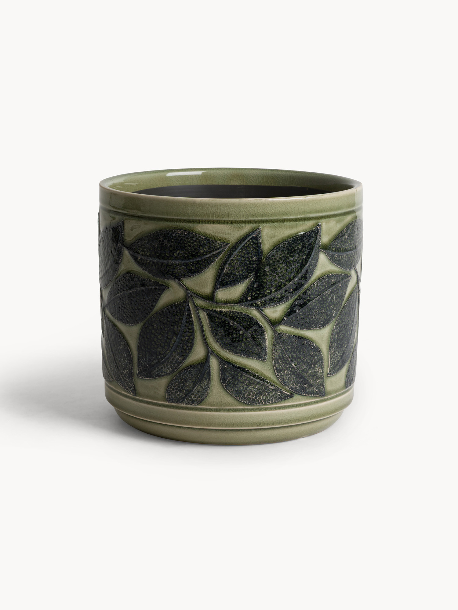 Cachepot in ceramica don decorazione foglie, Verde chiaro, large image number 0