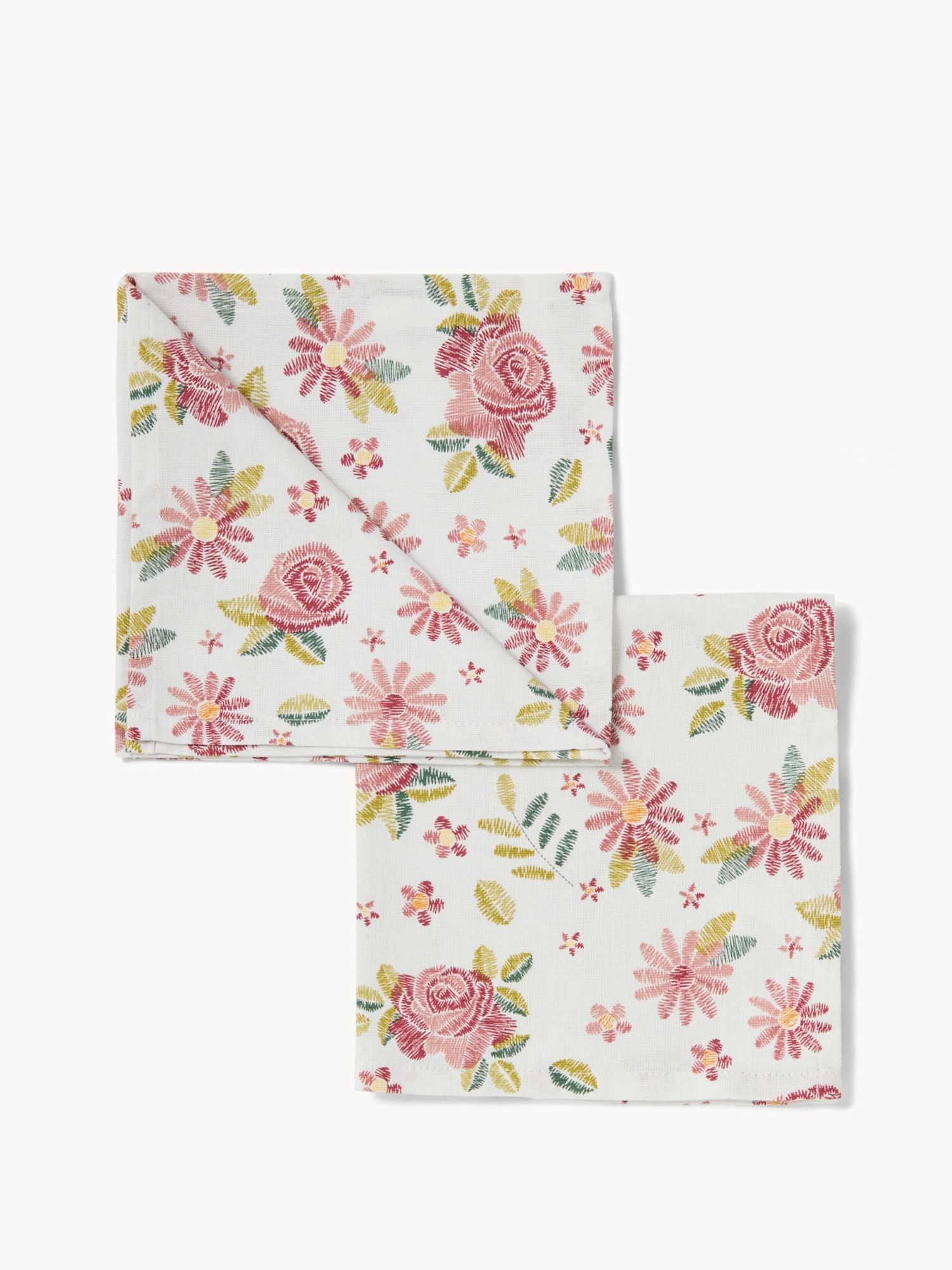 Set of 4 cotton panama napkins with rose print - Discounted Price, White, large image number 0