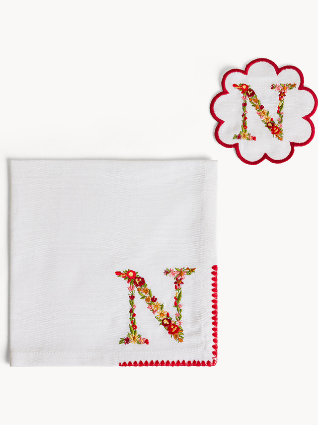 Napkin and coaster set with embroidered letter N