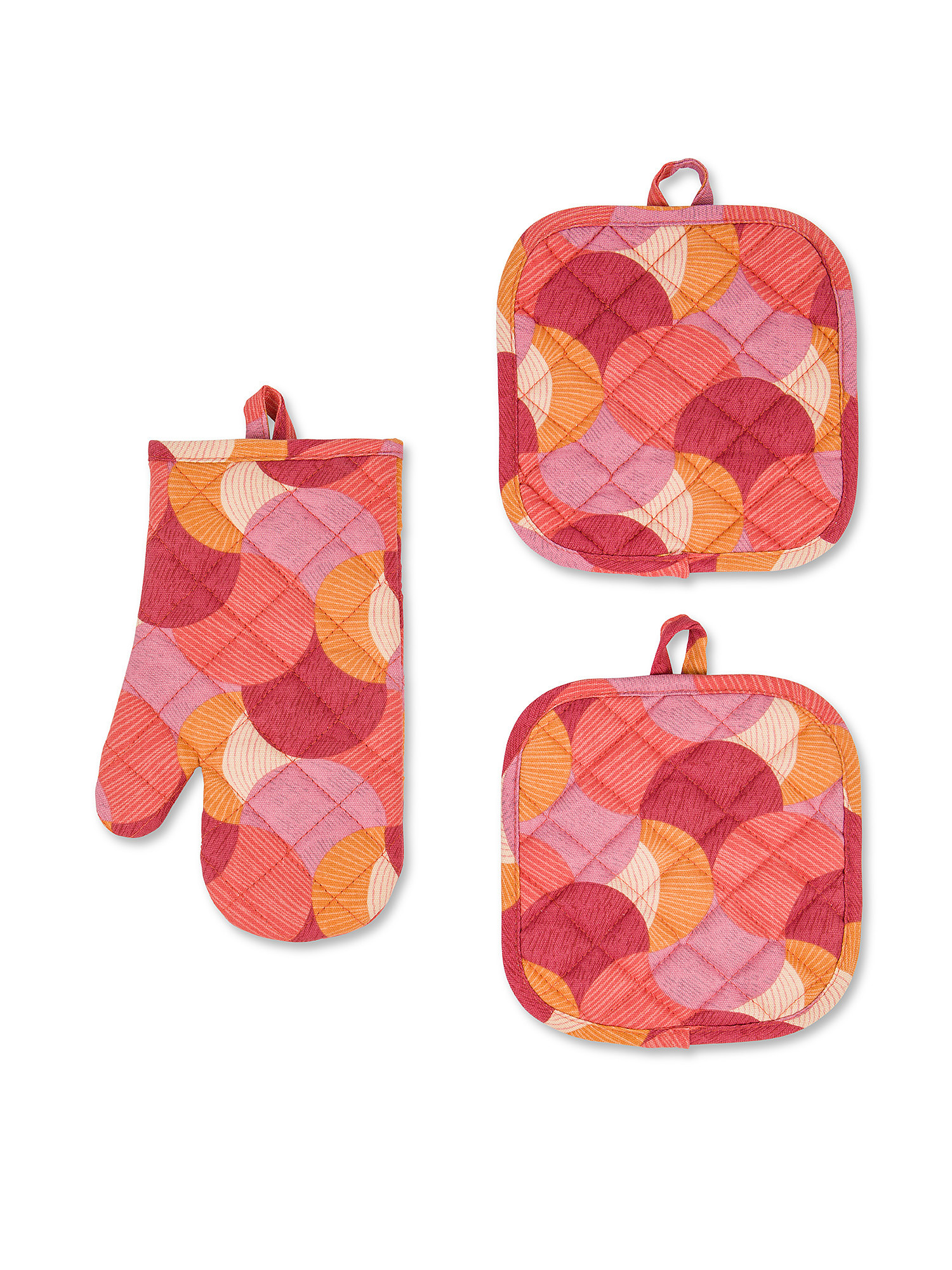 Set of 2 pot holders and kitchen glove with geometric print, Dark Pink, large image number 0