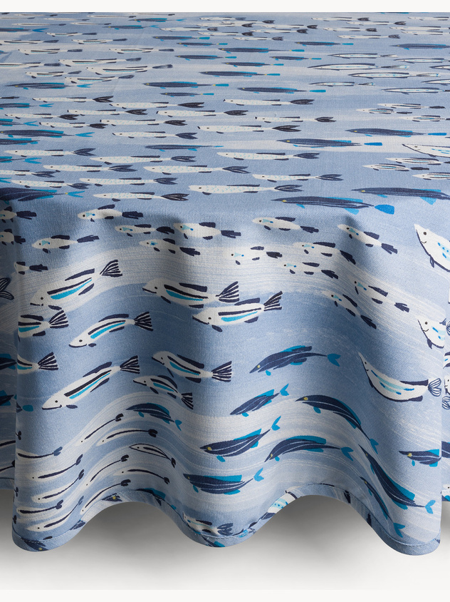 Round panama tablecloth in pure cotton with fish print