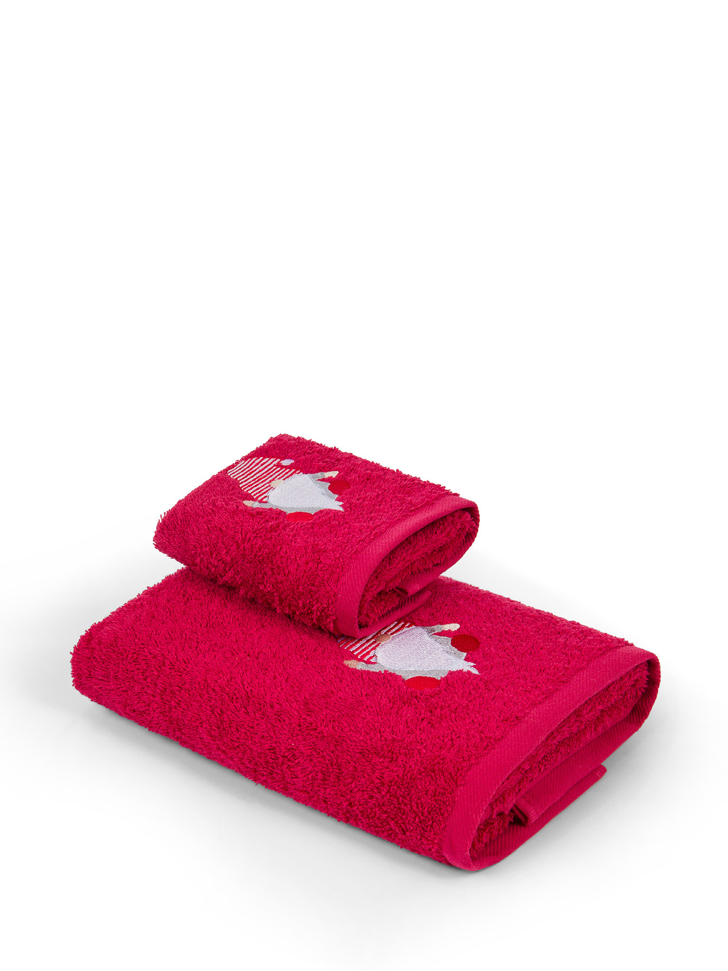 Set 2 asciugamani cotone ricamo gnomo, Rosso, large image number 0