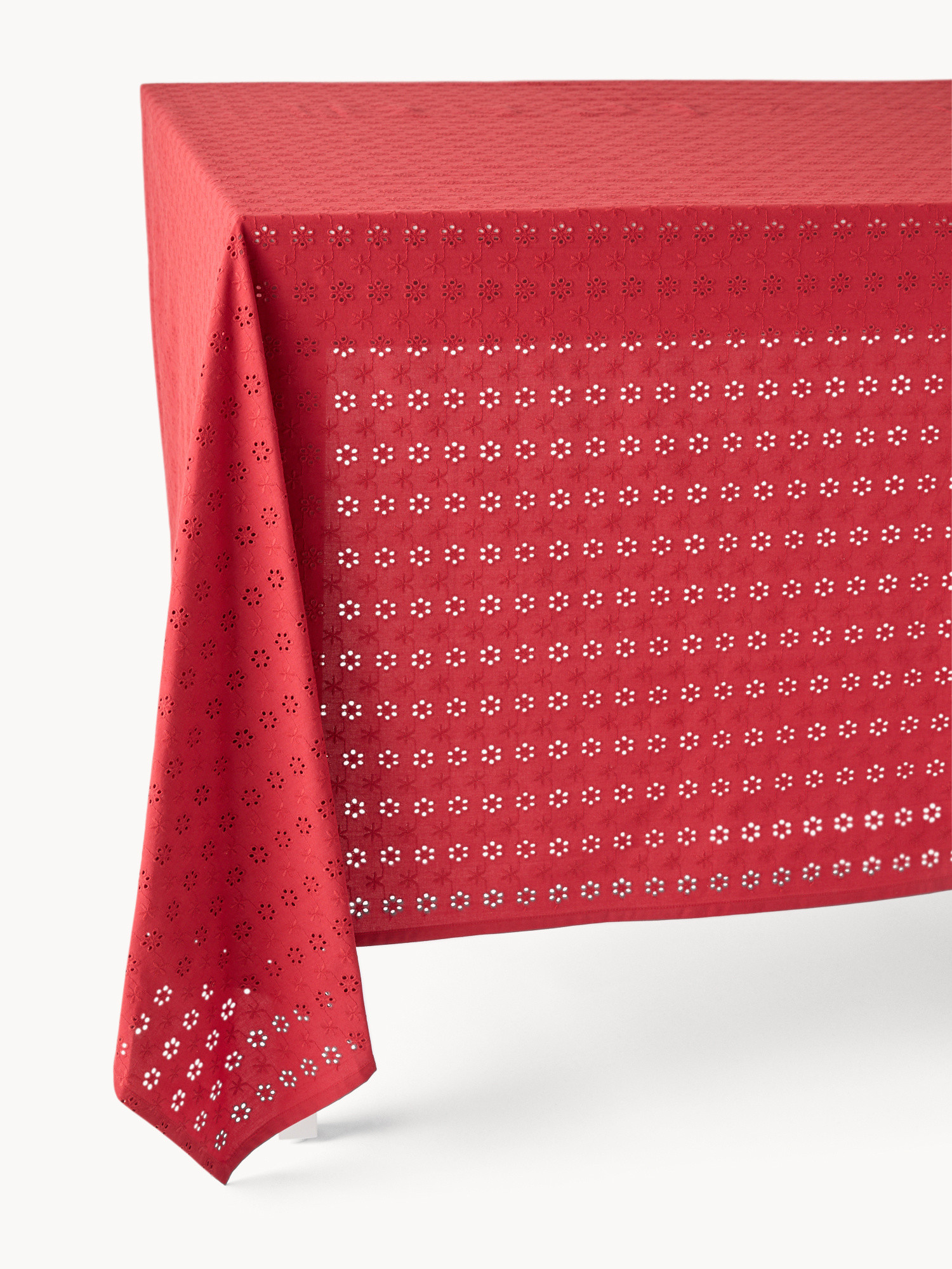 Pure cotton tablecloth with broderie anglaise embroidery, Red, large image number 0