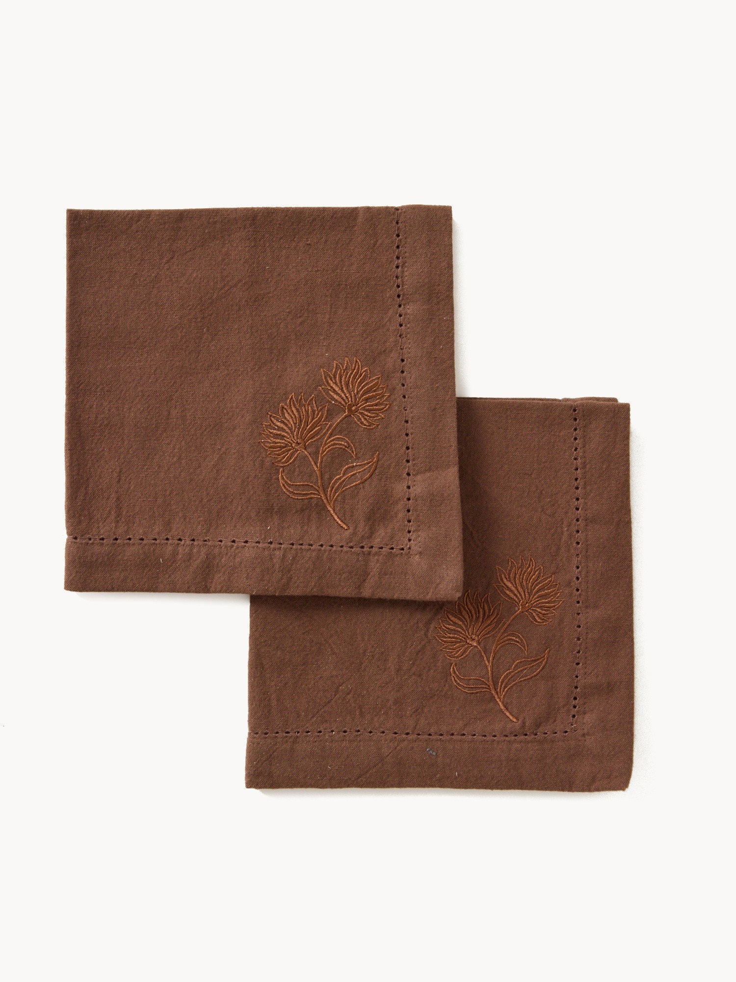 Set of 2 solid-color napkins with floral embroidery, Brown, large image number 0