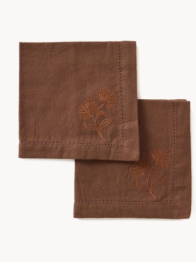 Set of 2 solid-color napkins with floral embroidery