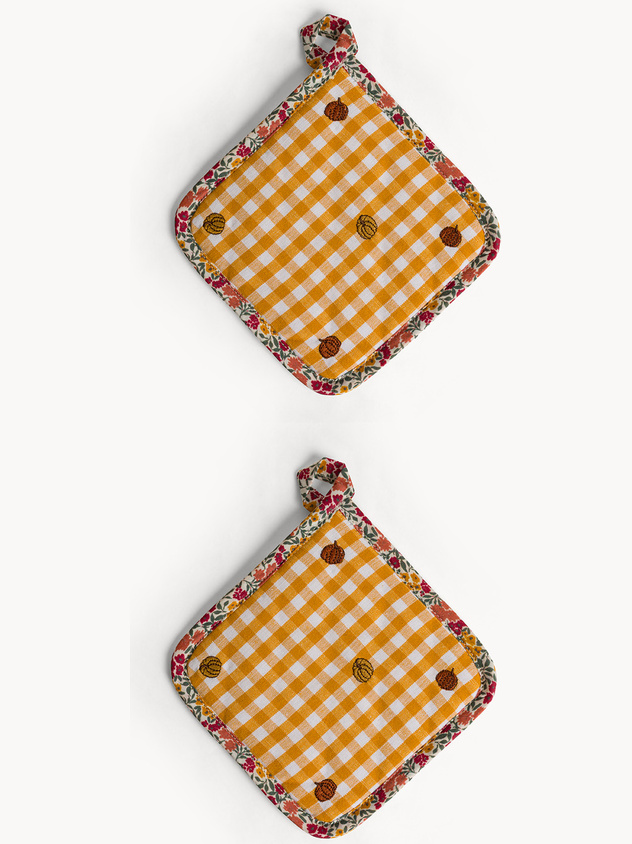 Set 2 presine in puro cotone tinto filo motivo check e ricamo zucche allover