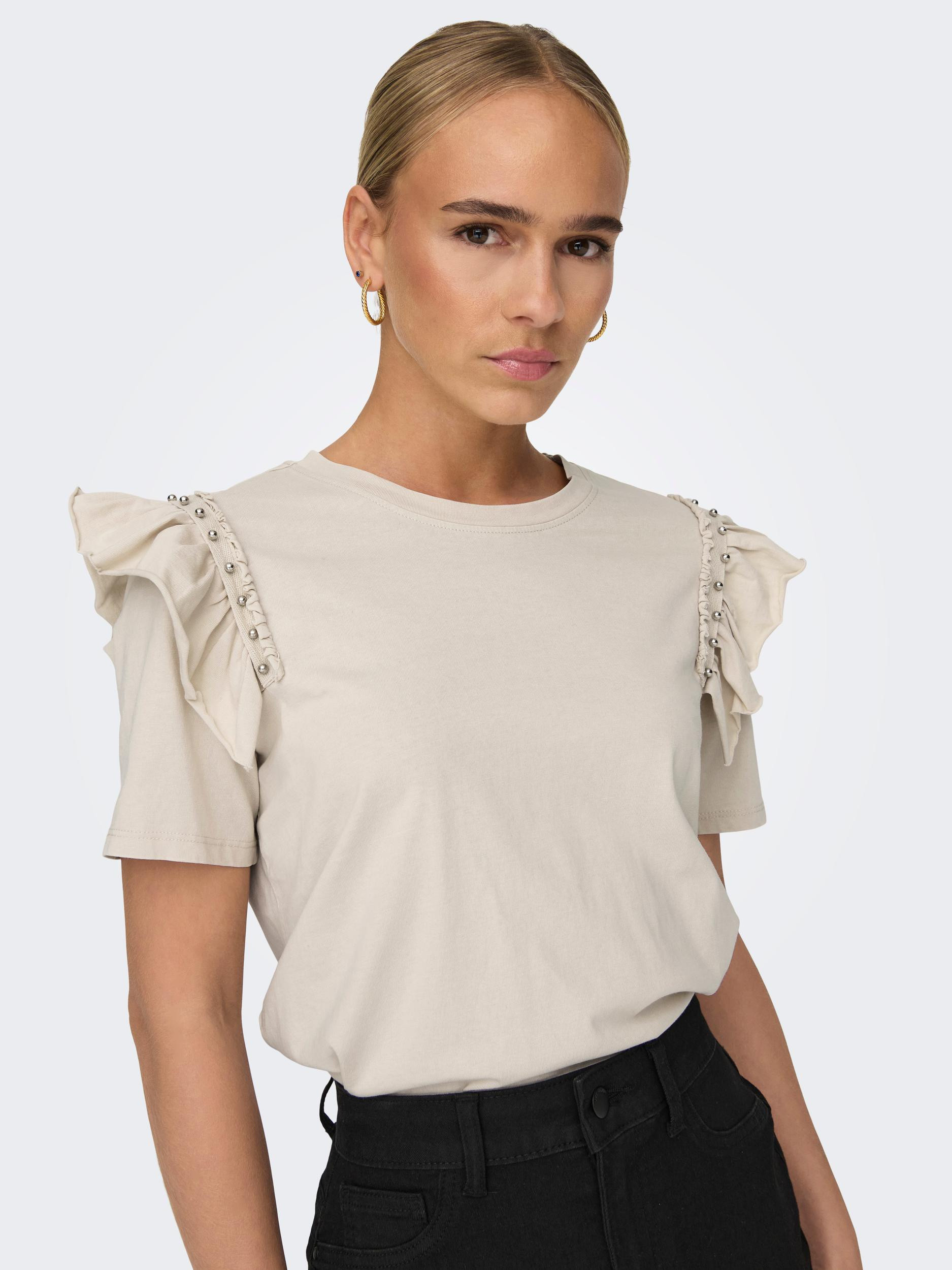 Only - Regular fit cotton T-shirt with ruffles, Beige, large image number 4