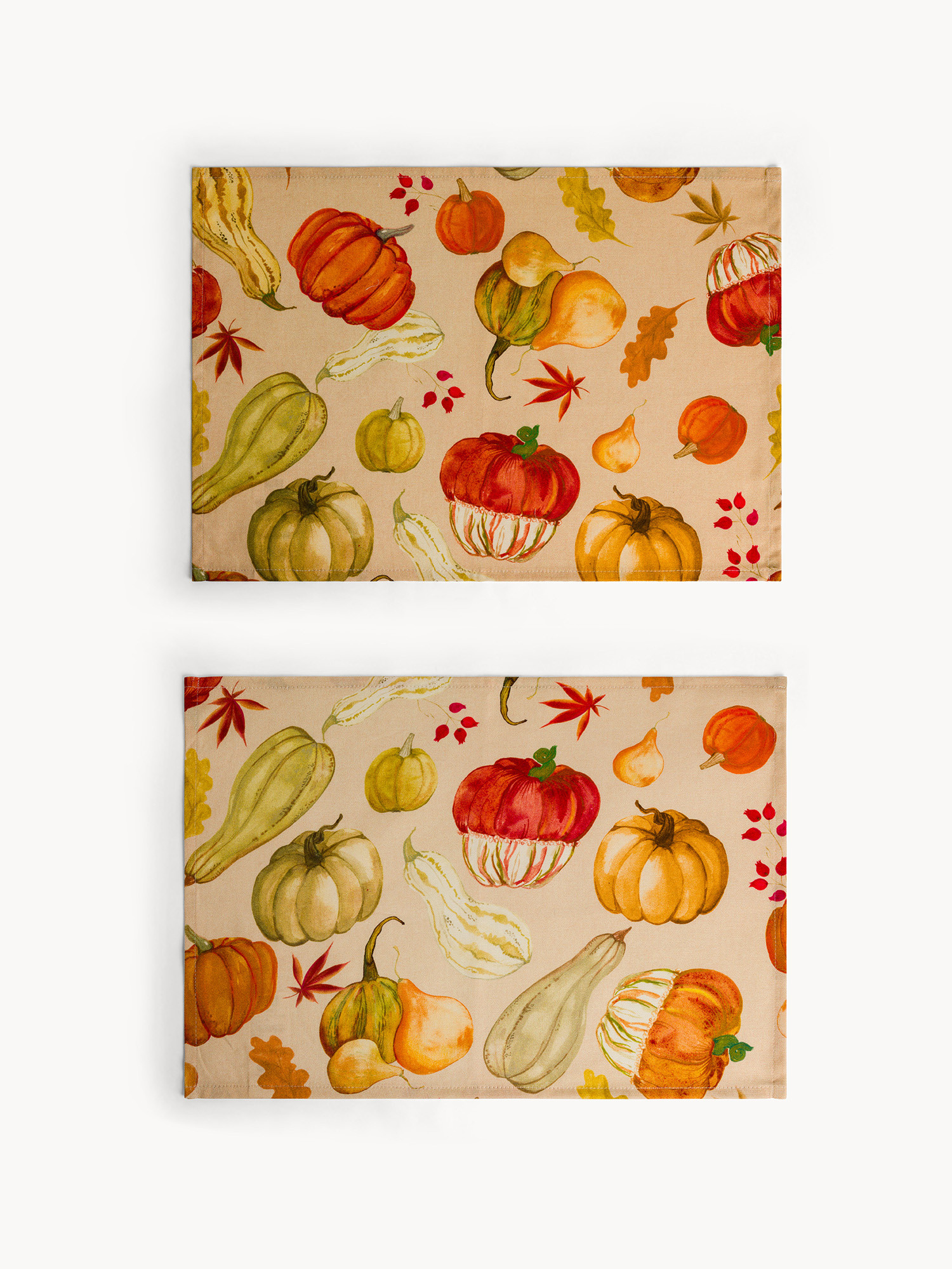 Set 2 tovagliette in panama di puro cotone stampa zucche, Beige, large image number 0