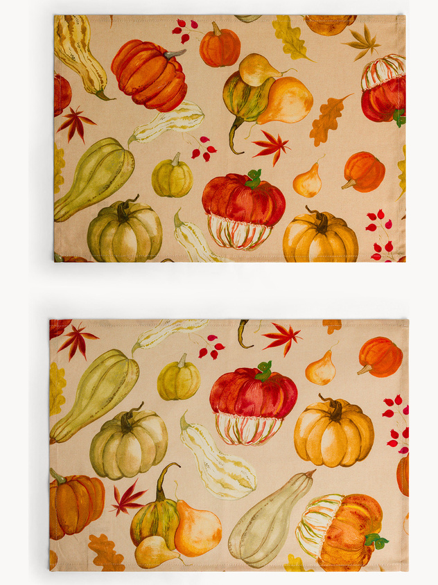 Set of 2 pure cotton panama placemats with pumpkin print