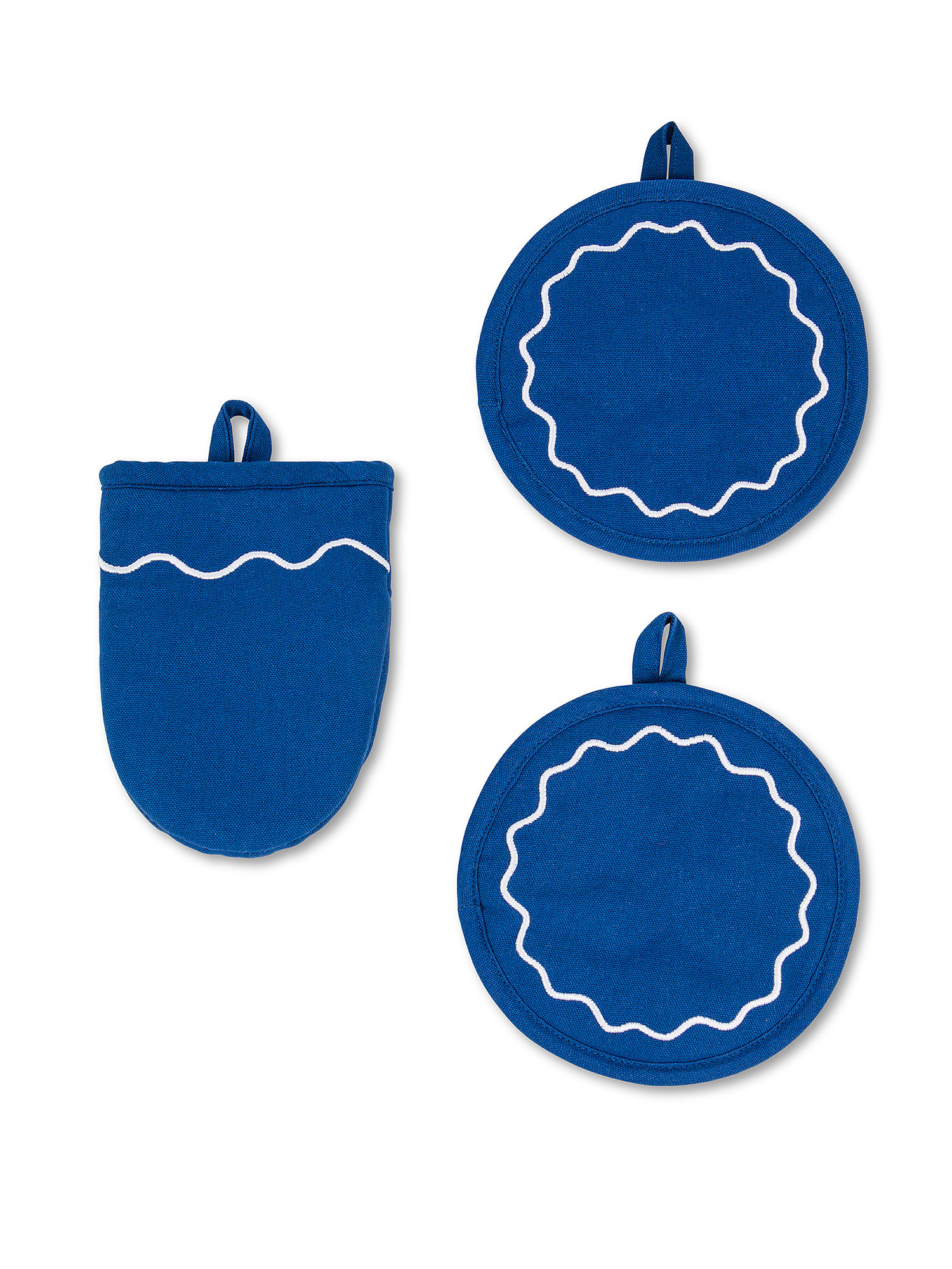 Set of 2 pot holders and a wave embroidered cotton kitchen glove, Royal Blue, large image number 0