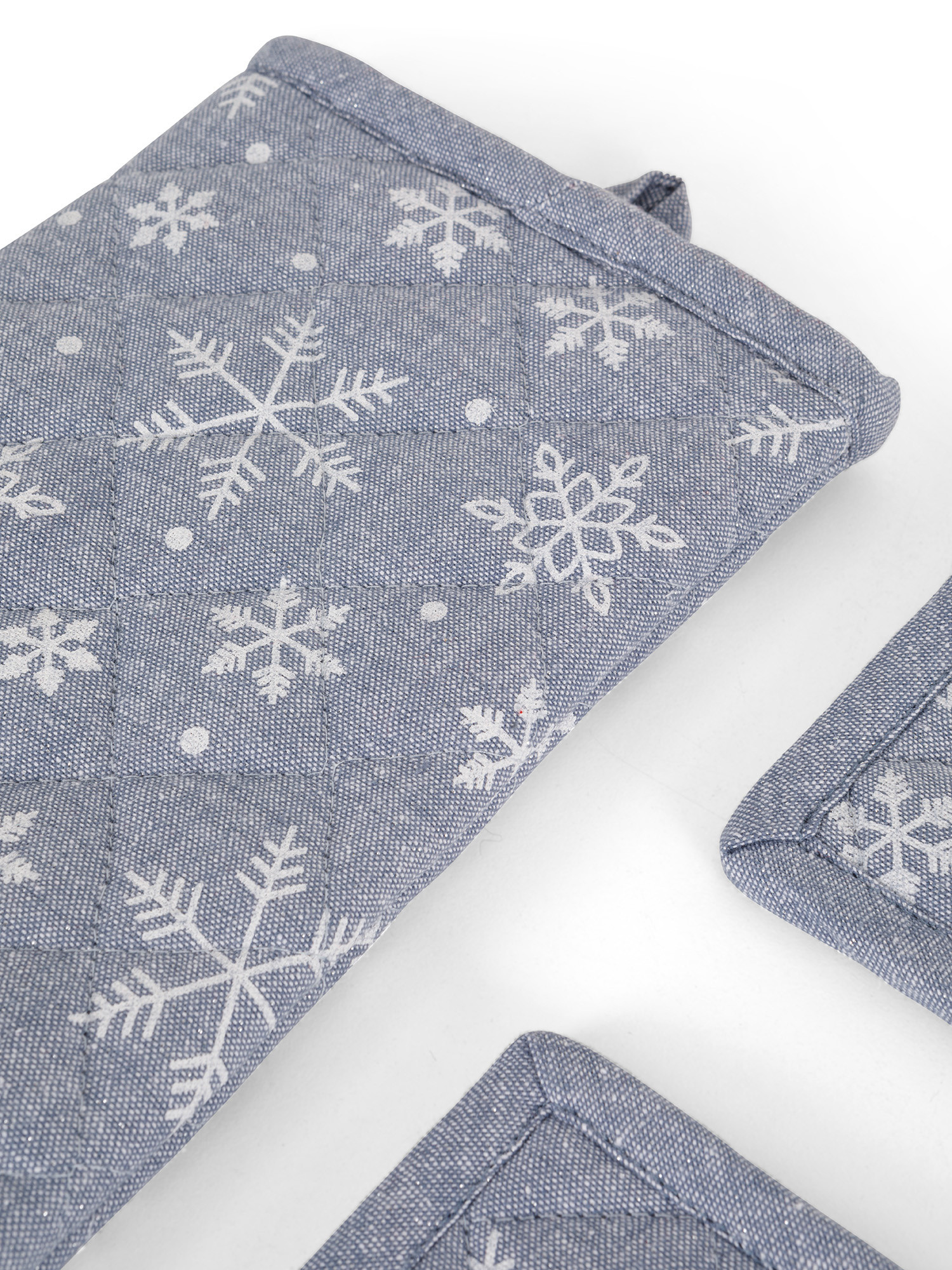 Set of 2 pot holders and kitchen mitt in cotton with lurex snowflakes pattern, Light Blue, large image number 1