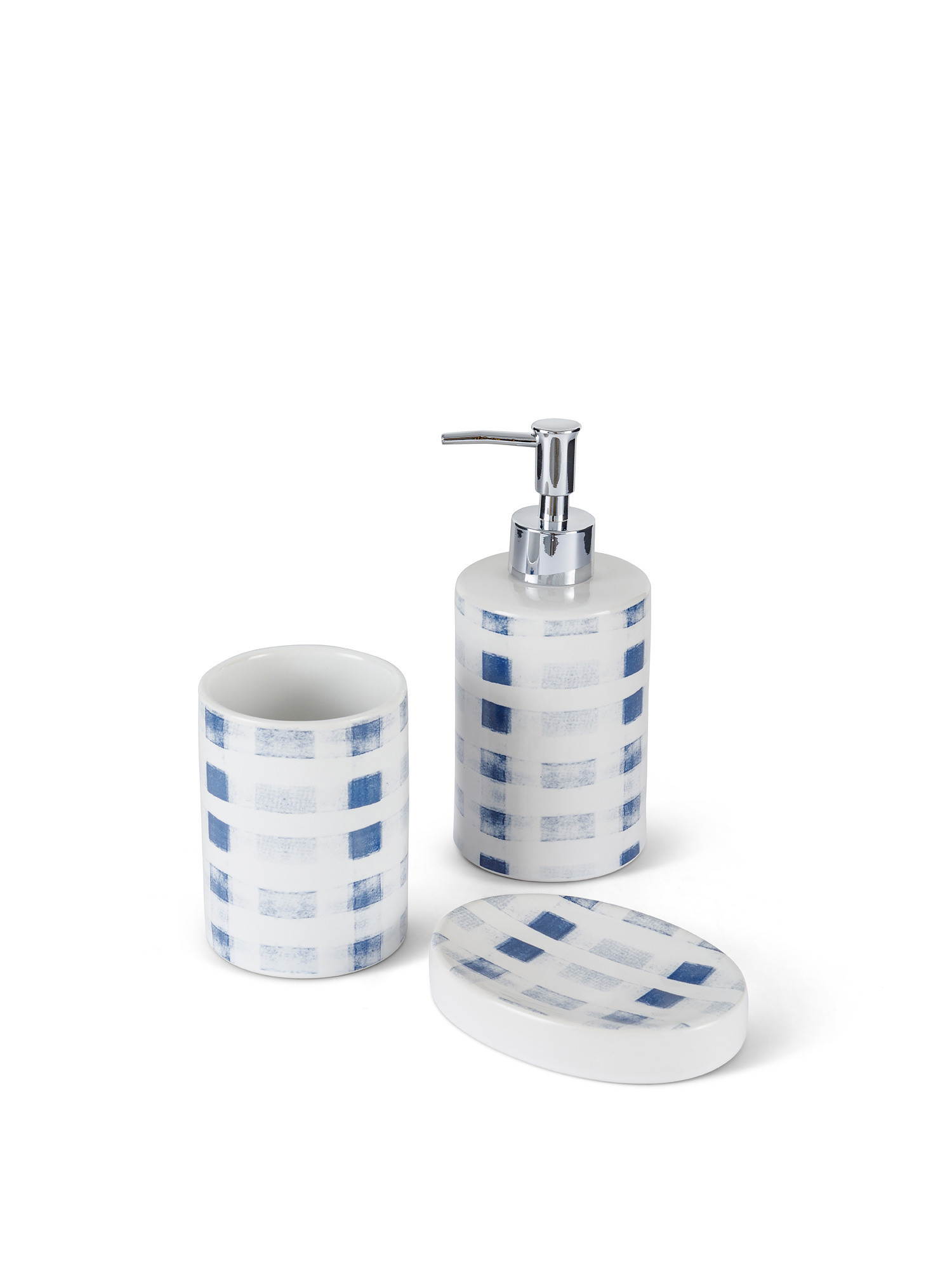 Set of 3 ceramic bathroom accessories with check motif, White, large image number 0