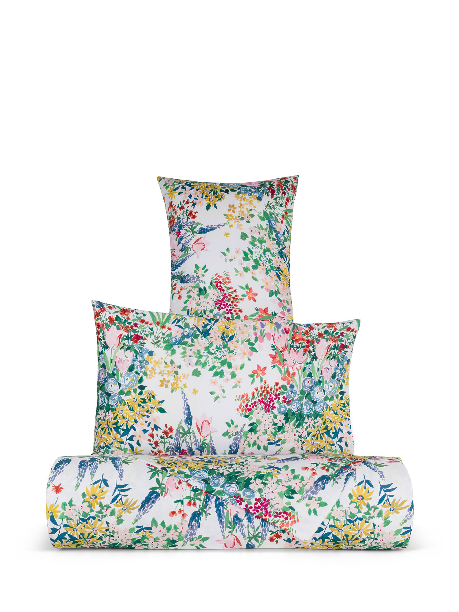 Parure lenzuolo raso di cotone fantasia floreale, Multicolor, large image number 0