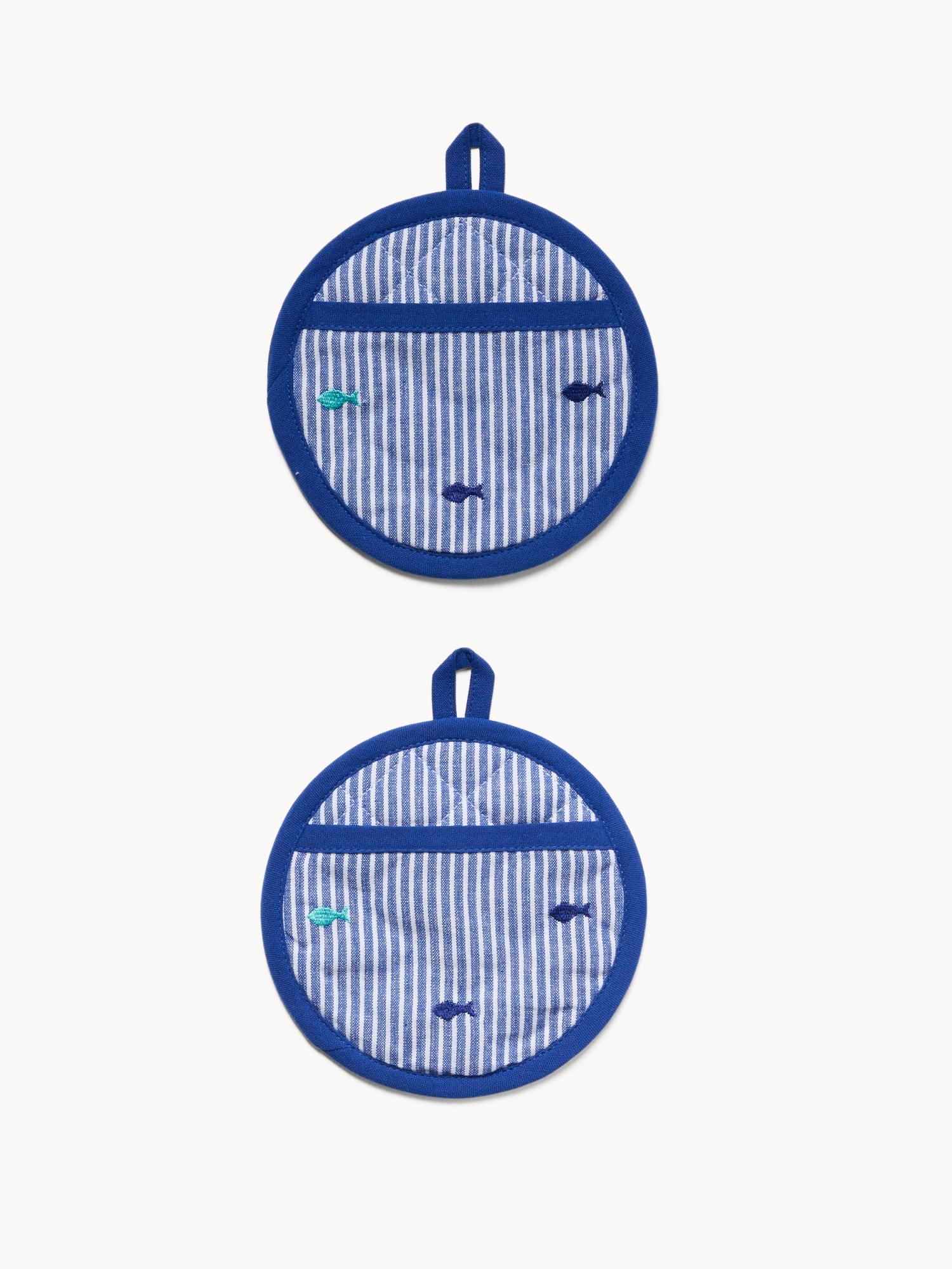Set of 2 striped cotton potholders with fish embroidery, White / Blue, large image number 0