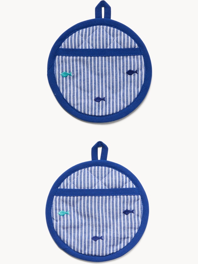 Set of 2 striped cotton potholders with fish embroidery