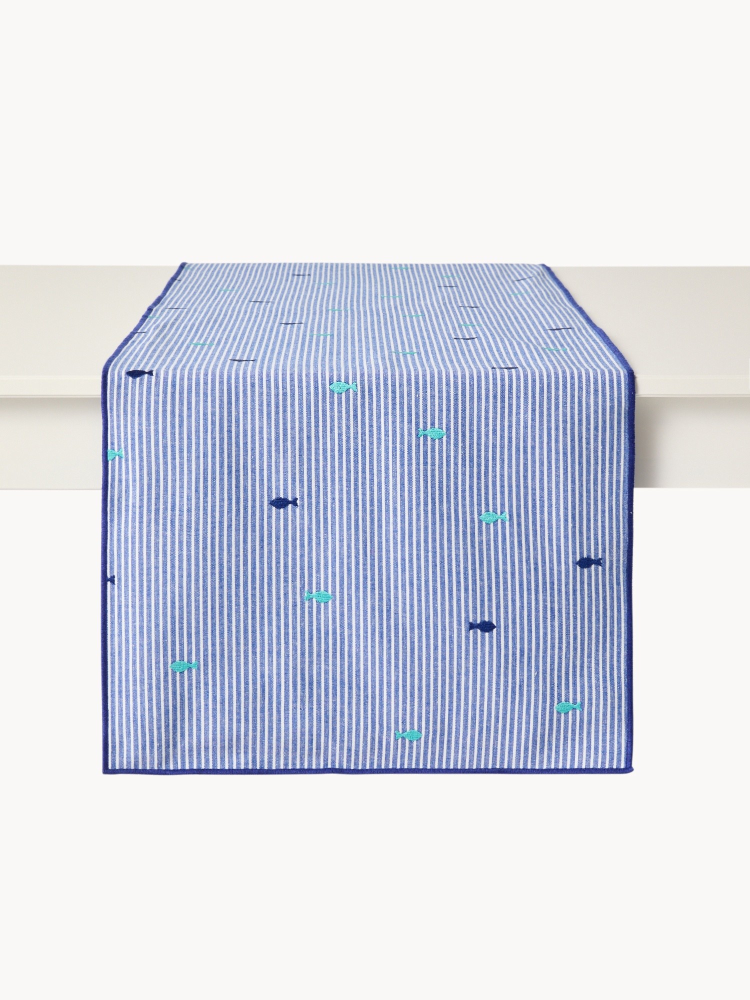 Runner in cotone a righe ricamo pesciolini, Bianco/Blu, large image number 0