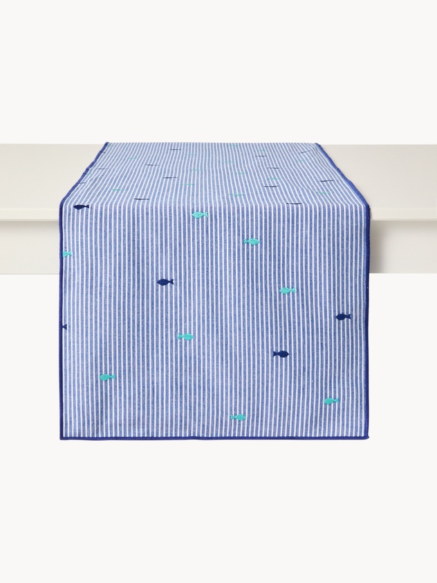 Runner in cotone a righe ricamo pesciolini