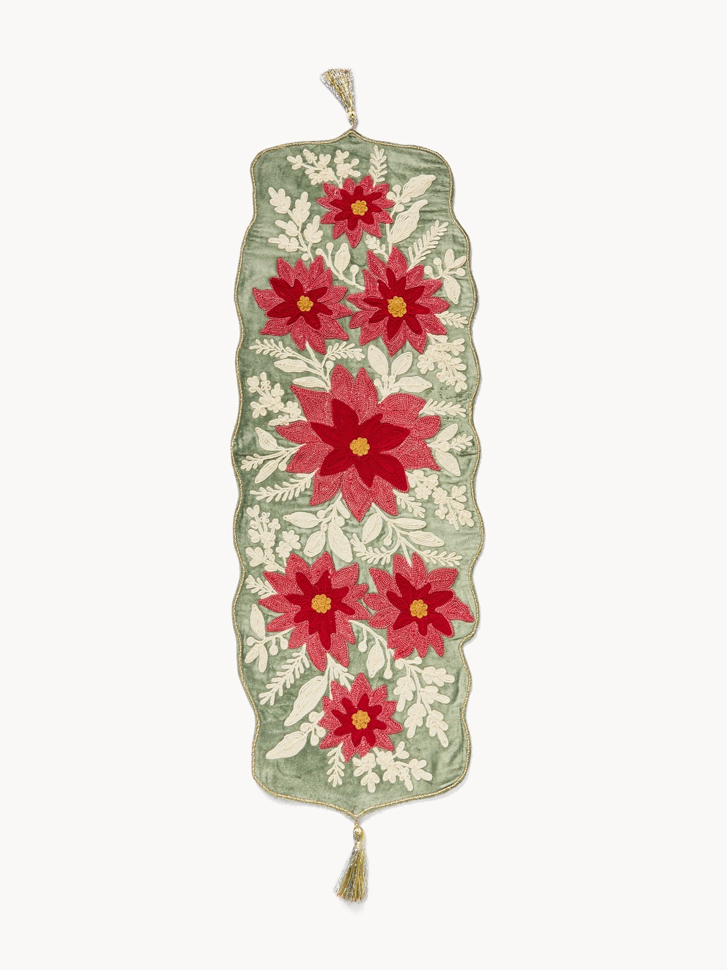 Cotton and viscose table runner with floral embroidery and tassels, Red, large image number 0