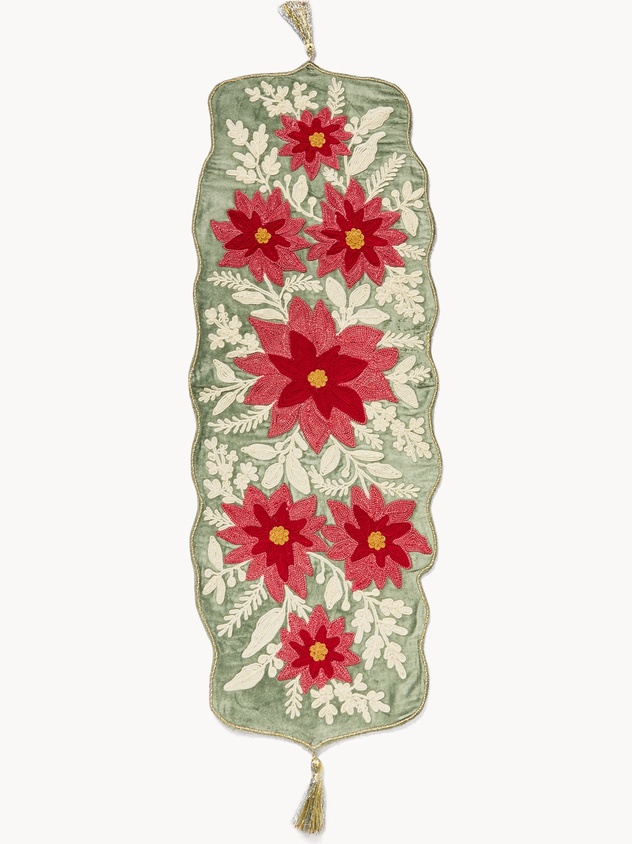 Runner in cotone e viscosa con ricamo floreale e nappine