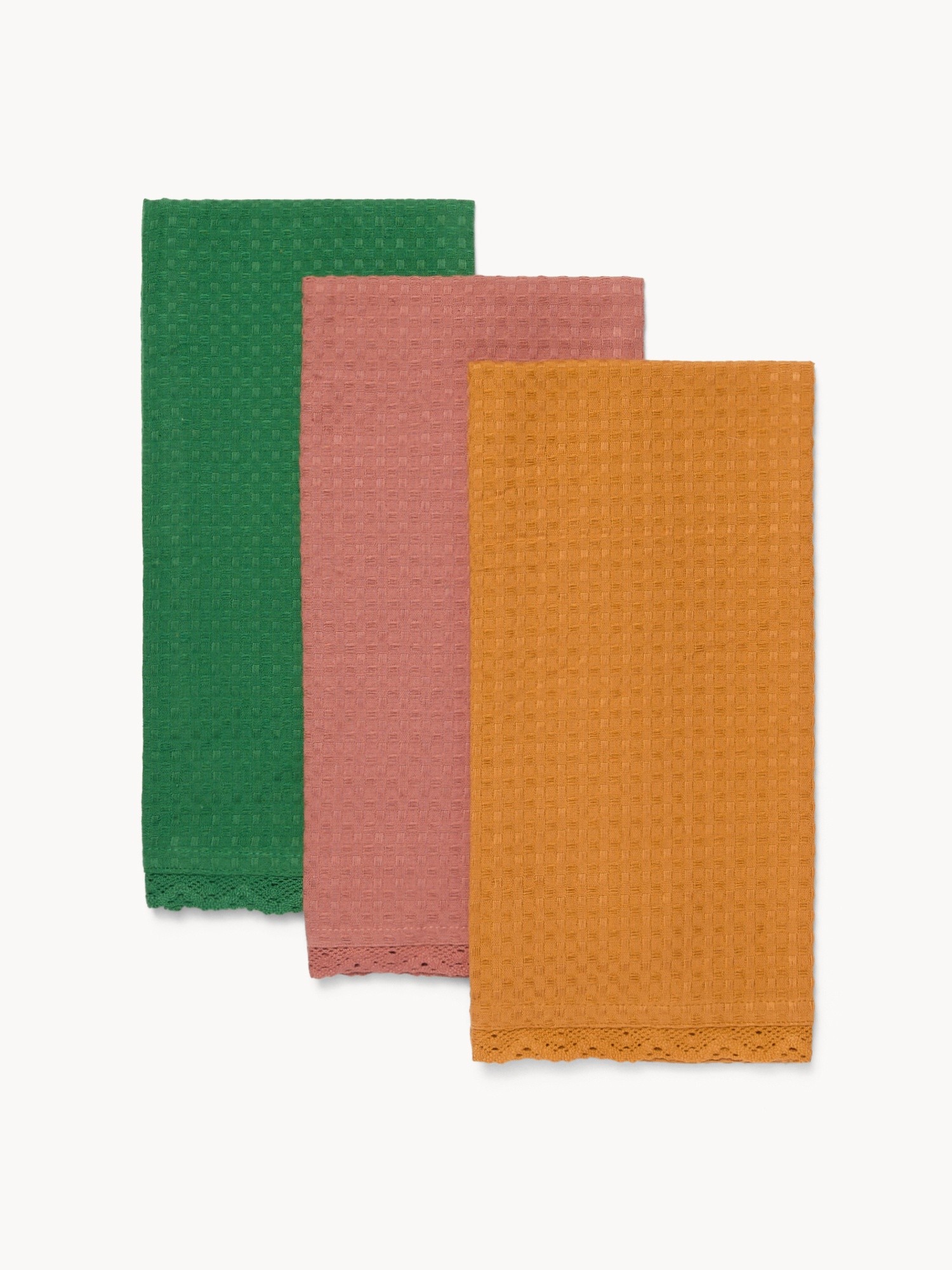 Set di 3 strofinacci in puro cotone con trama a nido d'ape e applicazione pizzo - Prezzo di lancio, Multicolor, large image number 0