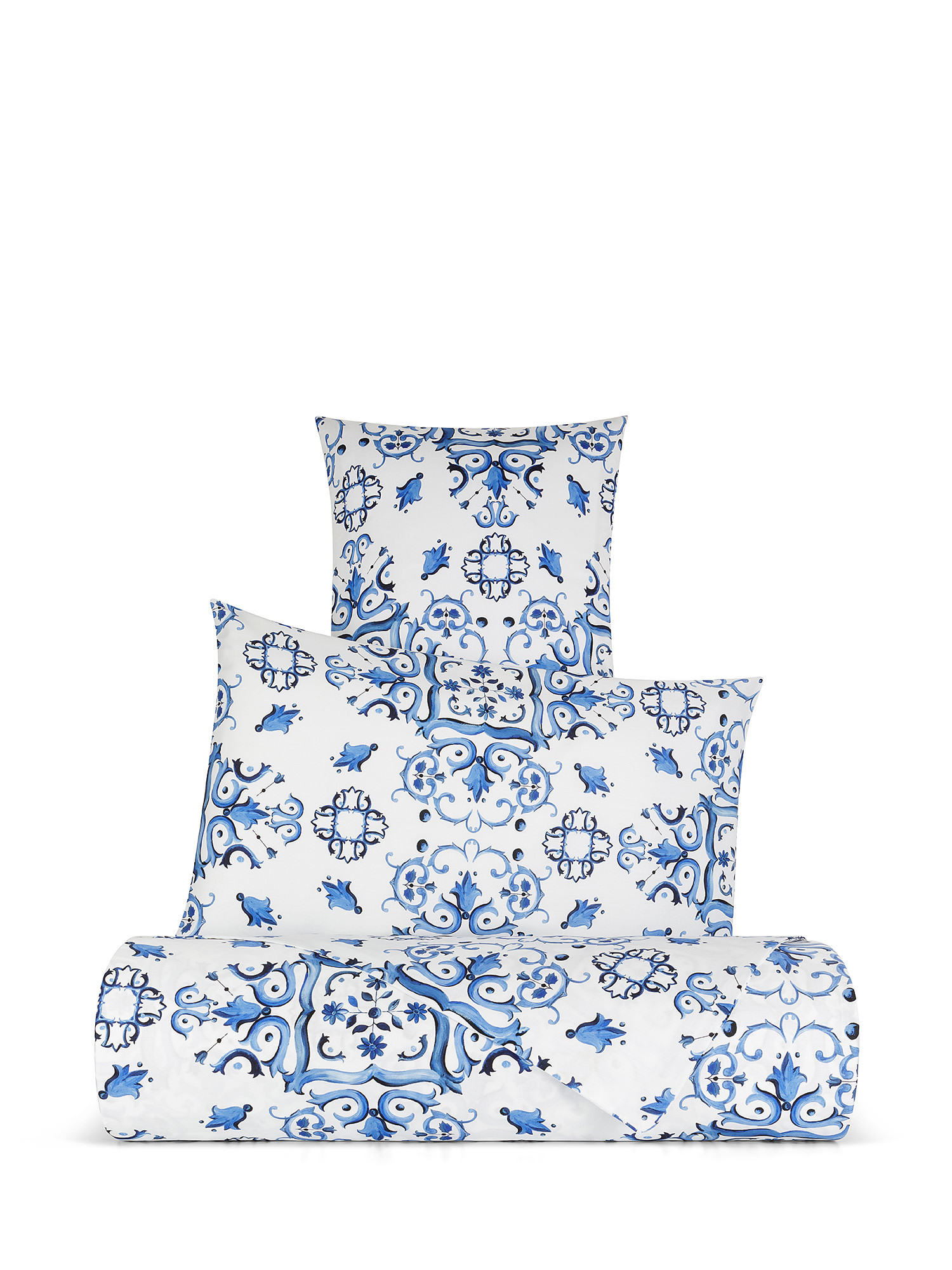 Duvet cover set in cotton satin with ornamental pattern, White, large image number 0