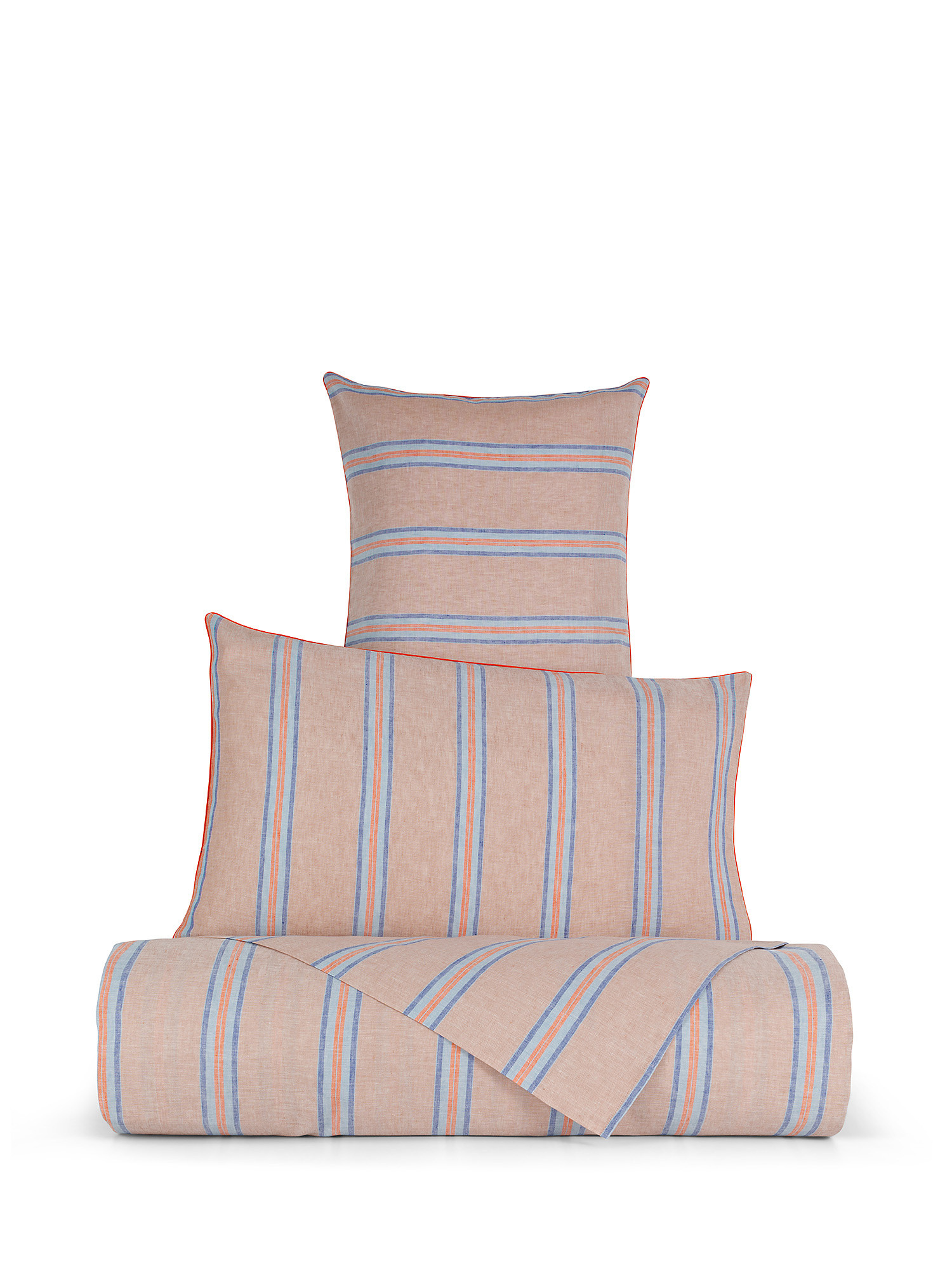 Flat sheet in washed linen blend with stripes, Orange, large image number 0