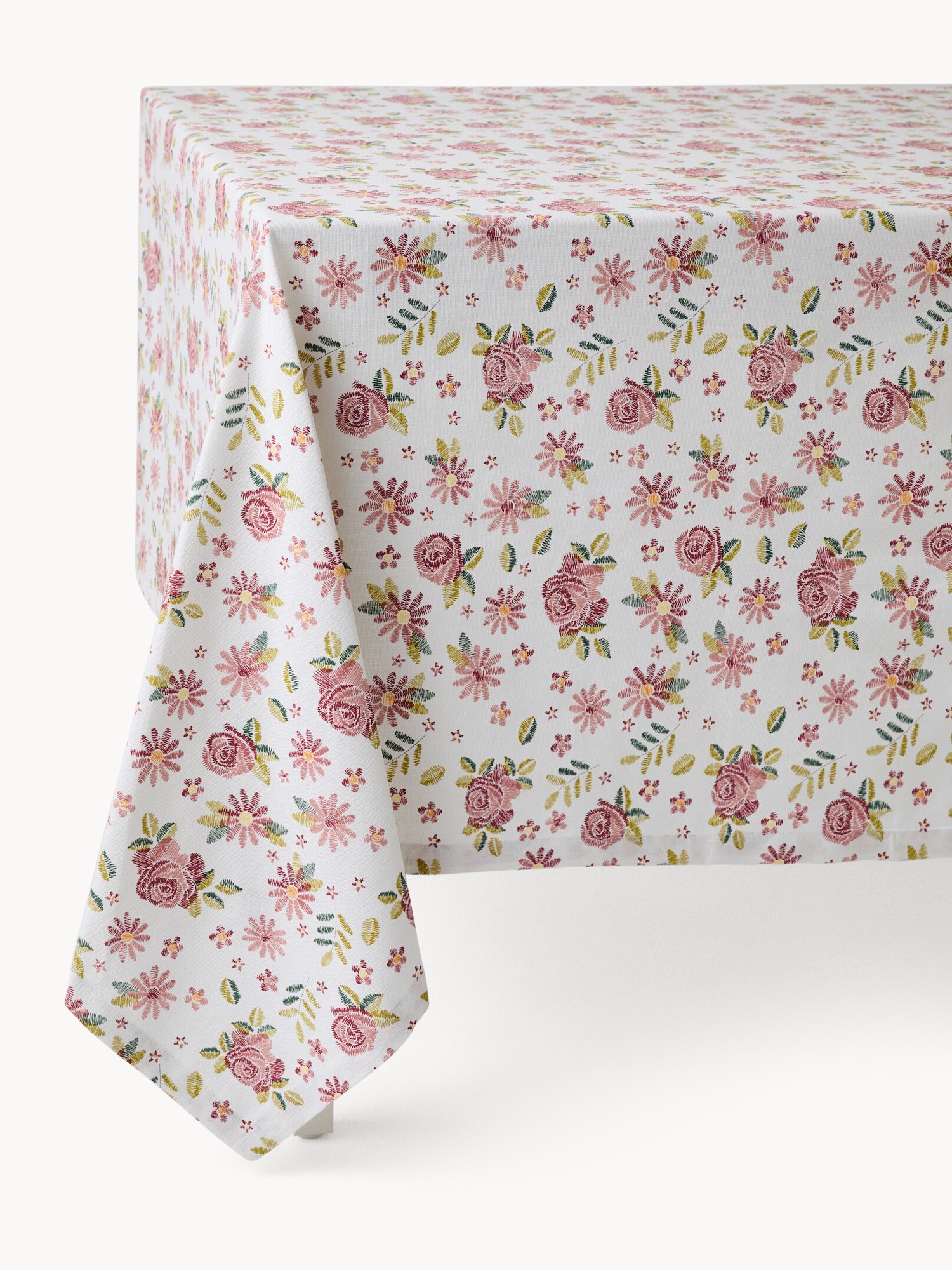 Water-repellent Panama cotton tablecloth with rose print, White, large image number 0