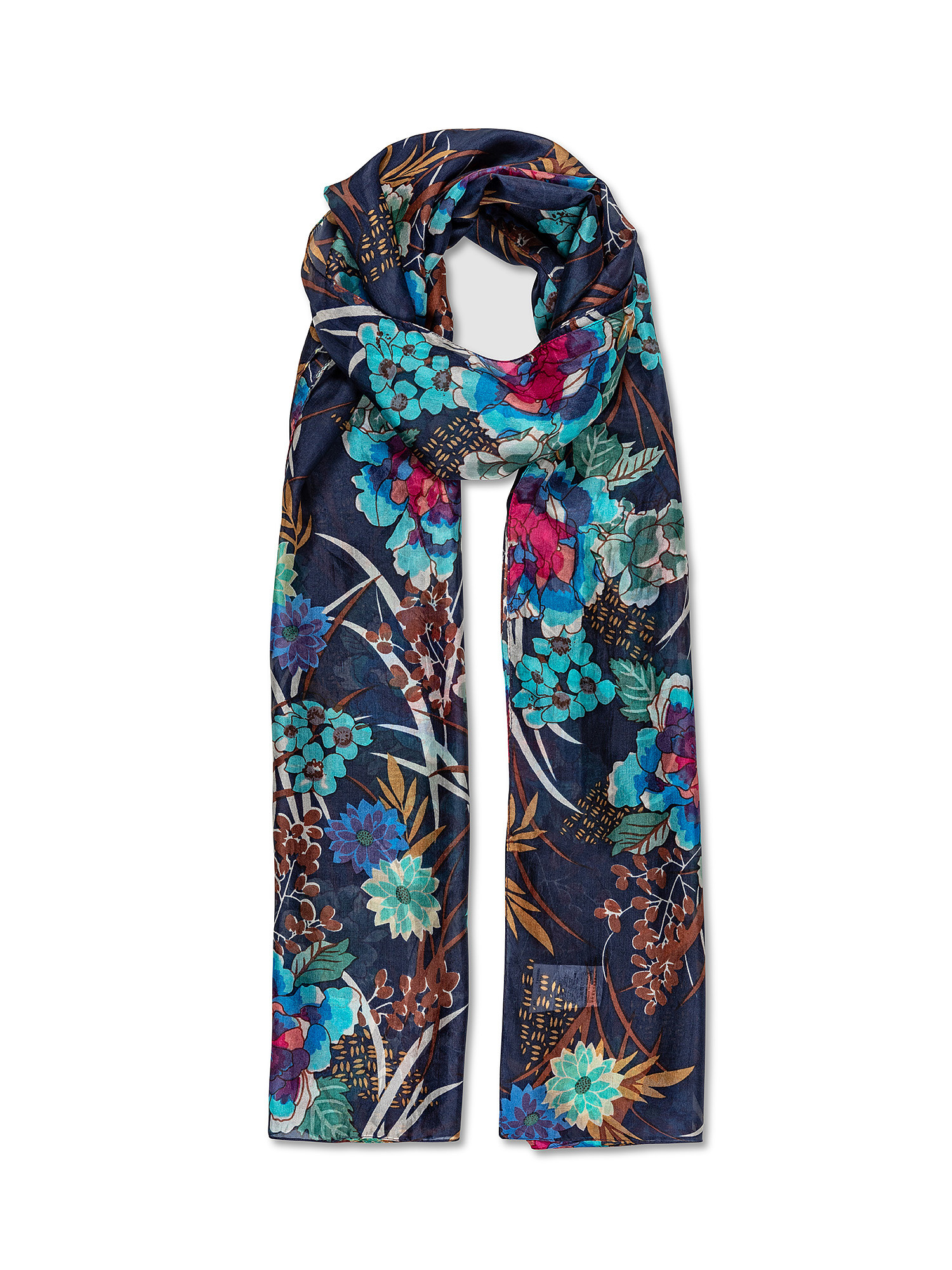 Pure silk scarf with flower print, Blue, large image number 0