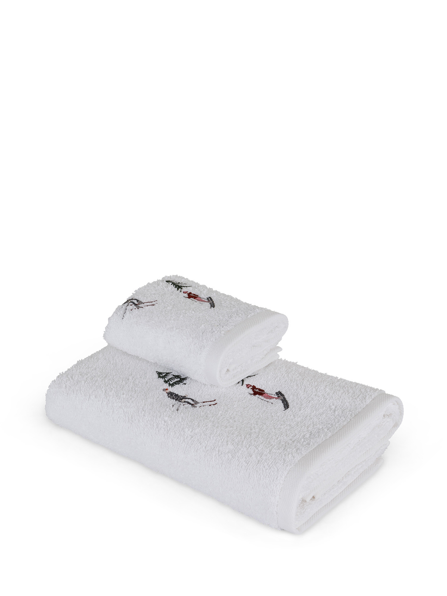 Set 2 asciugamani ricamo sciatori, Bianco, large image number 1