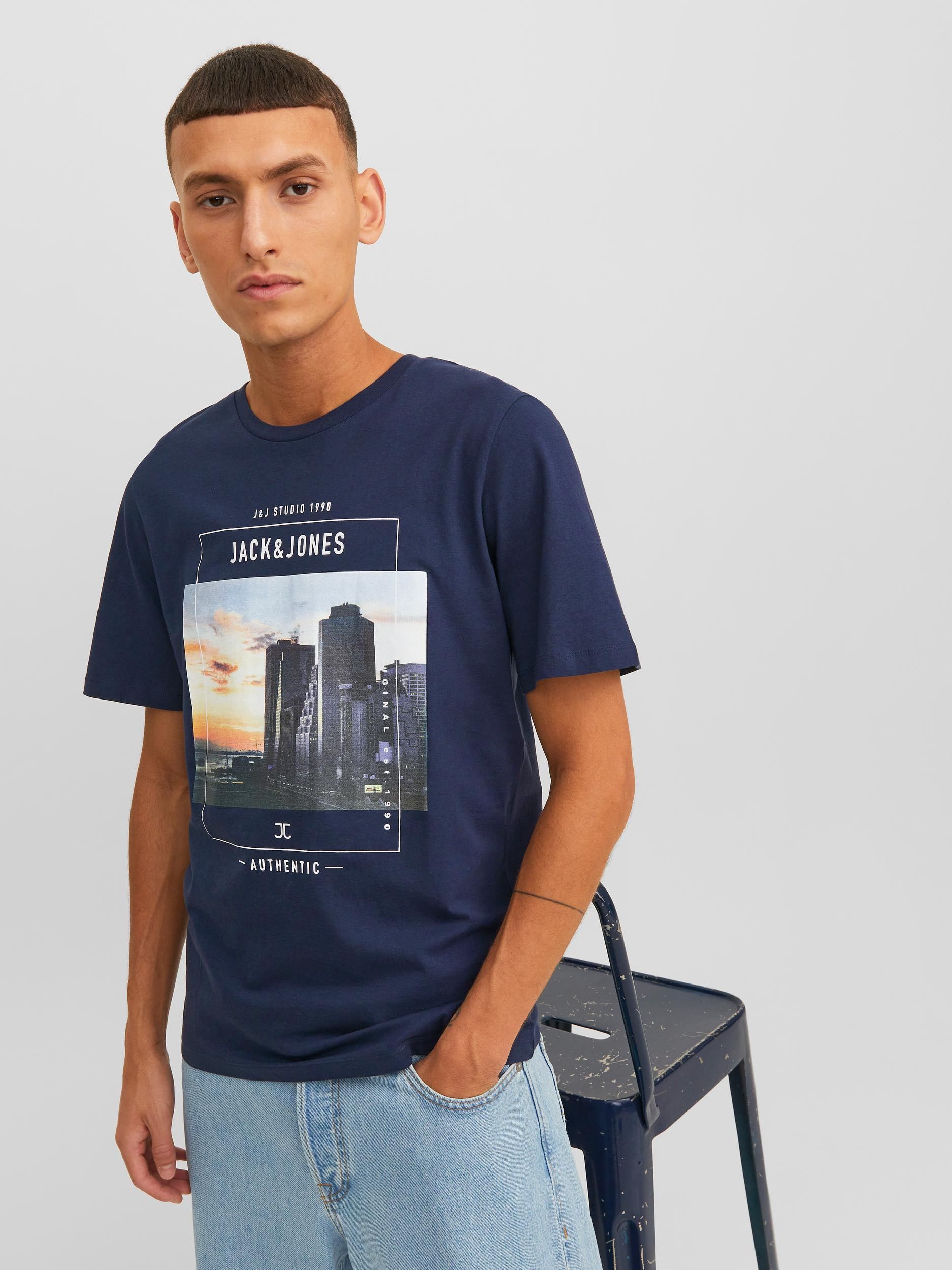 Jack & Jones -Cotton T-shirt with print, Dark Blue, large image number 4